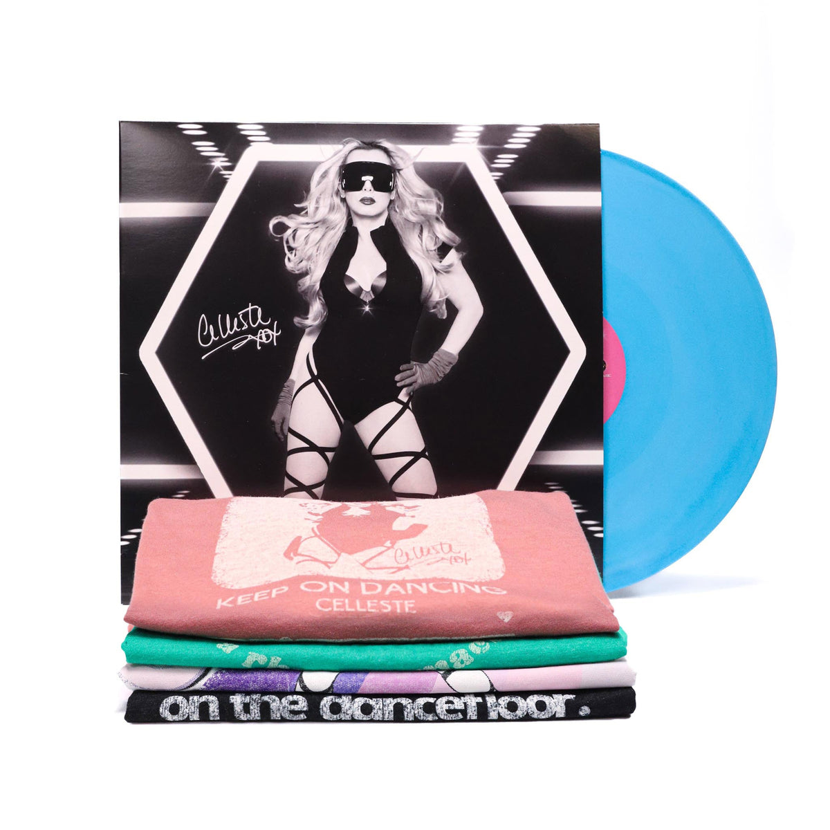 Celleste music and tee bundle, featuring a vinyl and 4 options of tees.