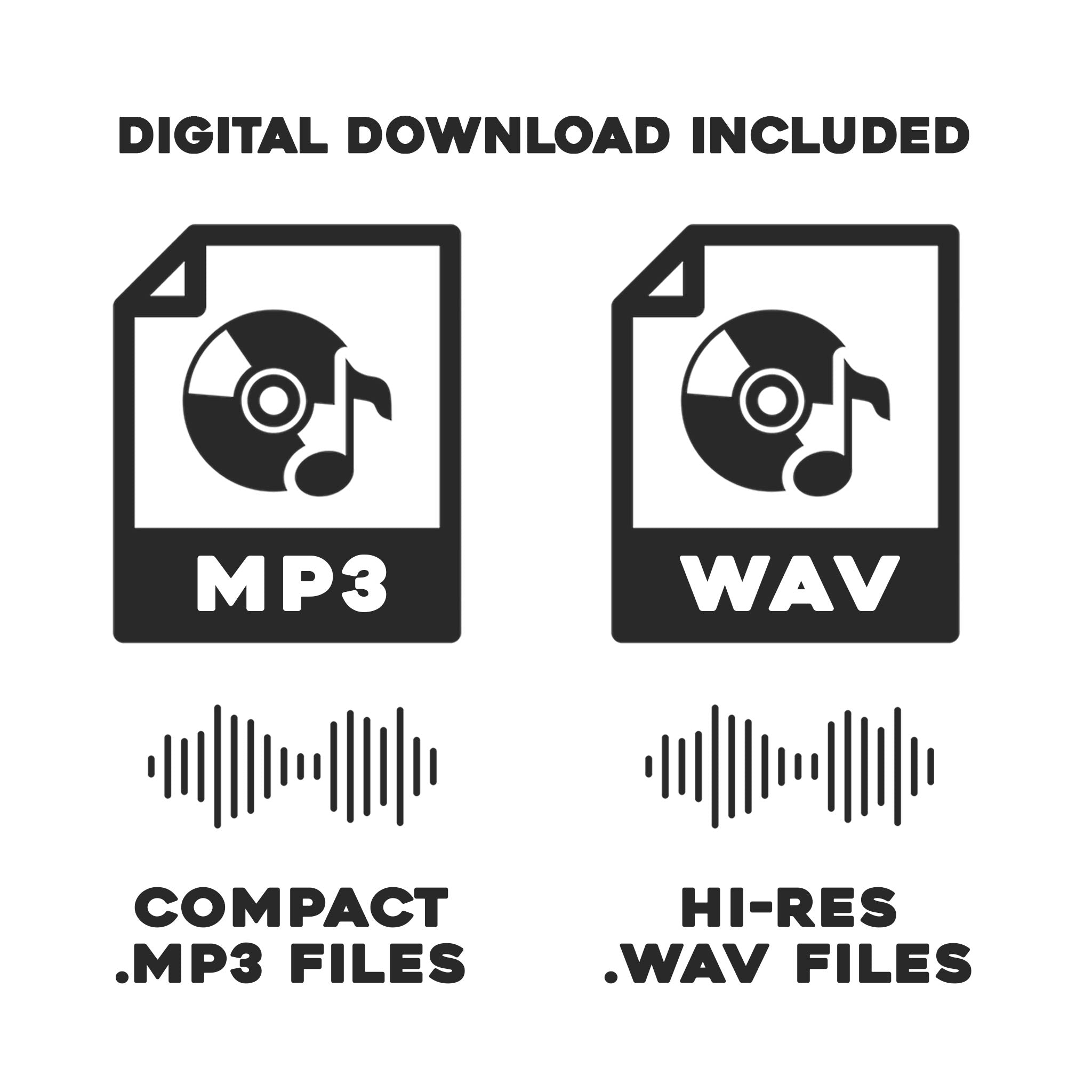 Icons for MP3 and WAV files with text indicating that the digital downloads are included.