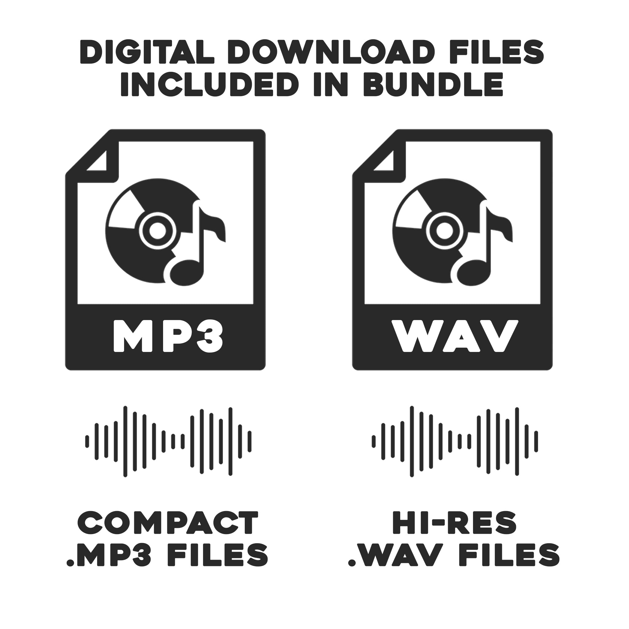 Icons for MP3 and WAV files with text indicating digital download files included in bundle.