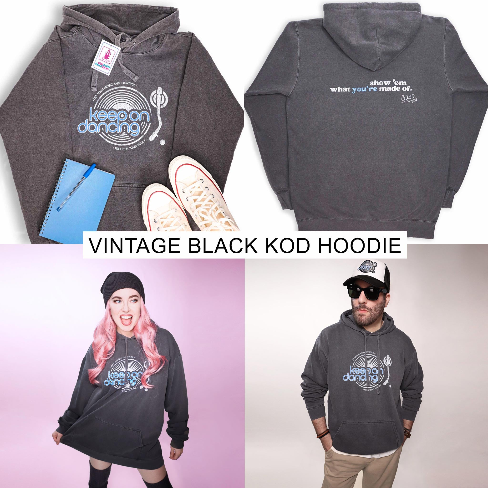 Celleste Keep on Dancing Vintage Black Hoodie with white and blue logo. Front and back view.