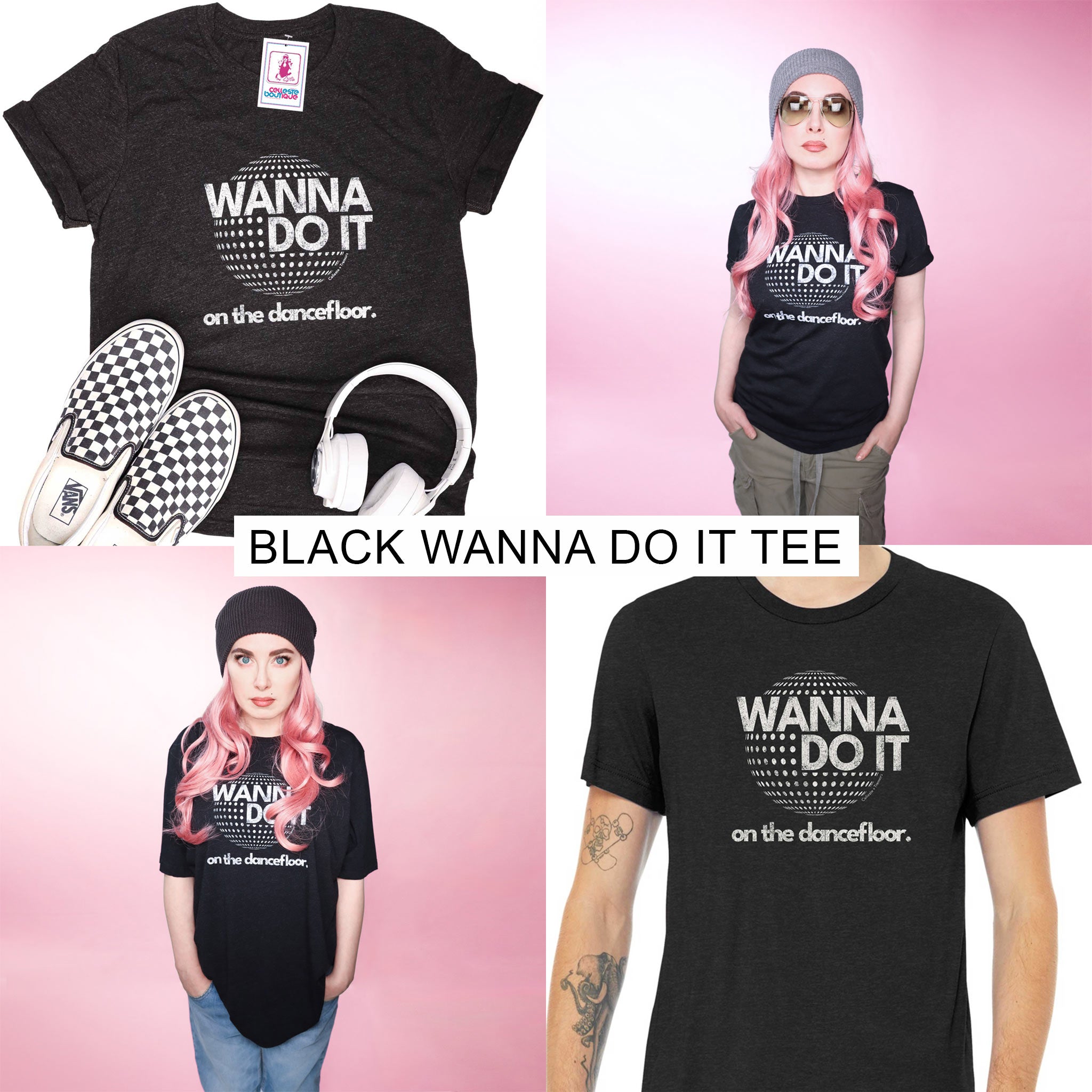 Celleste Charcoal Black Wanna Do It Tee with white logo.