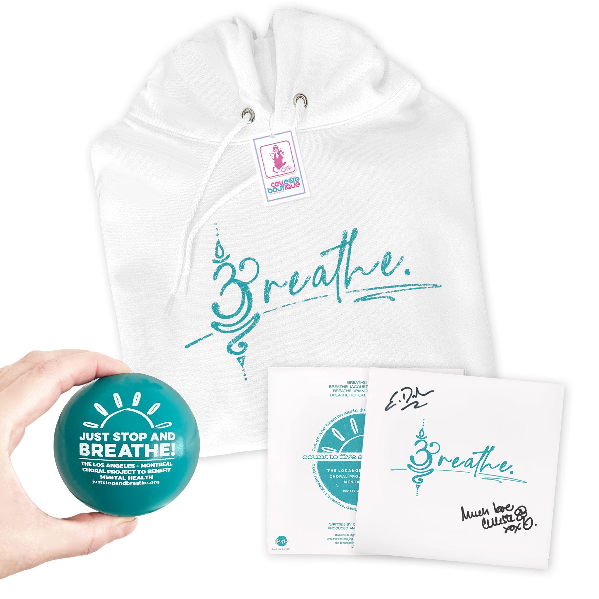 Bundle. Breathe CD (Deluxe autographed), white hoodie with teal logo, and teal anti-stress ball with white logo.