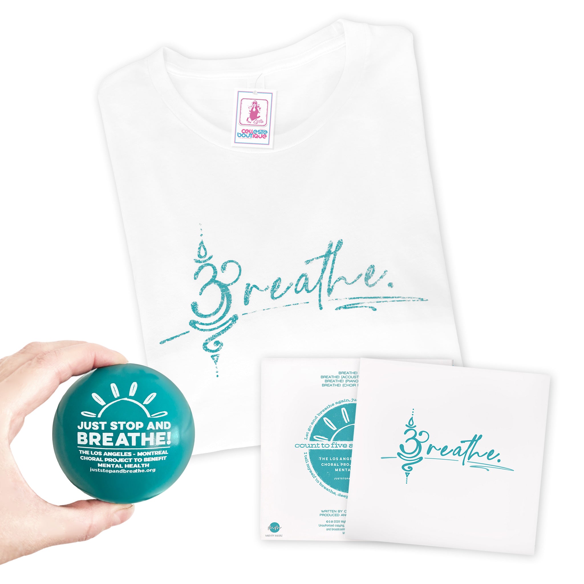 Bundle. Breathe CD, white tee with teal logo, and teal anti-stress ball with white logo.