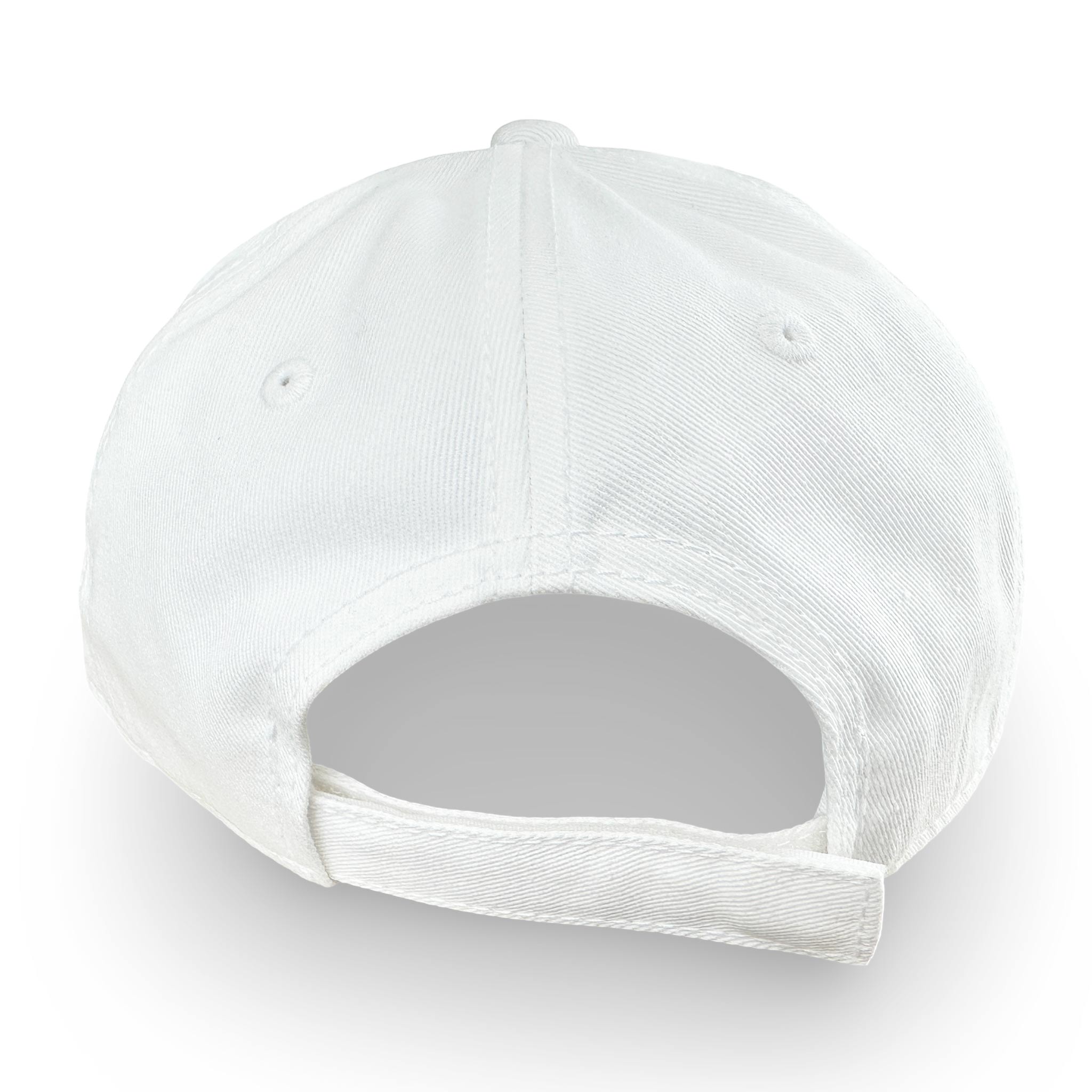 Breathe White Baseball Hat, with embroidered white and teal "Breathe" patch. Back view.