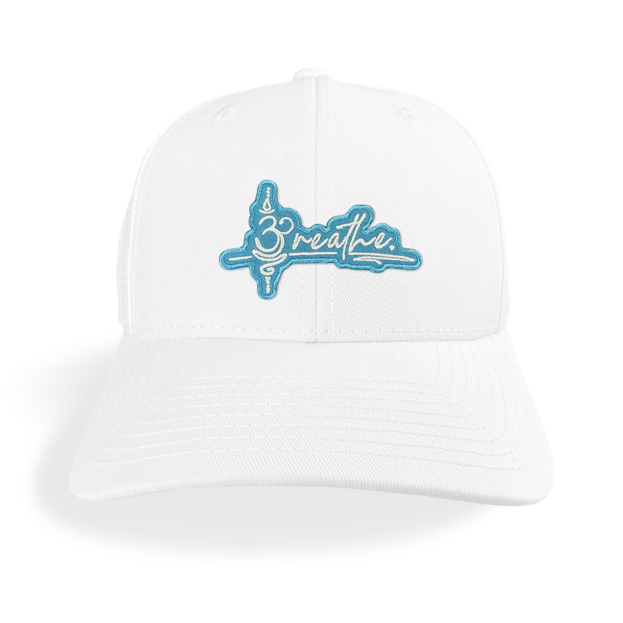 Breathe White Baseball Hat, with embroidered white and teal "Breathe" patch. Front view.