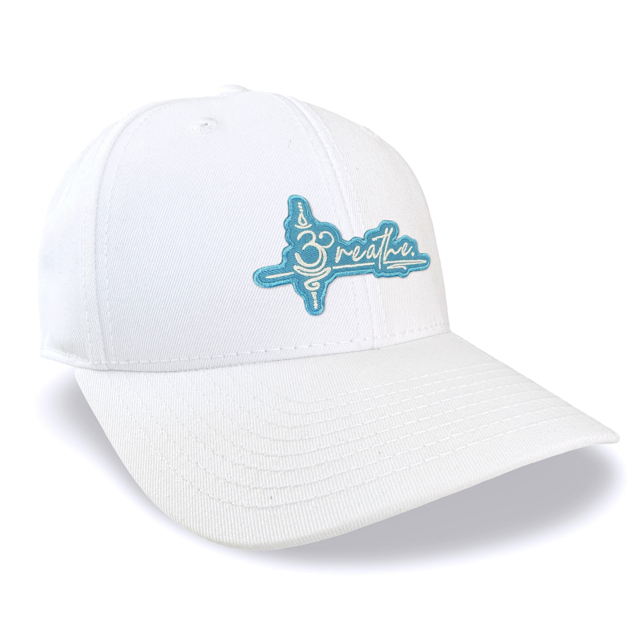 Breathe White Baseball Hat, with embroidered white and teal "Breathe" patch. Side view.