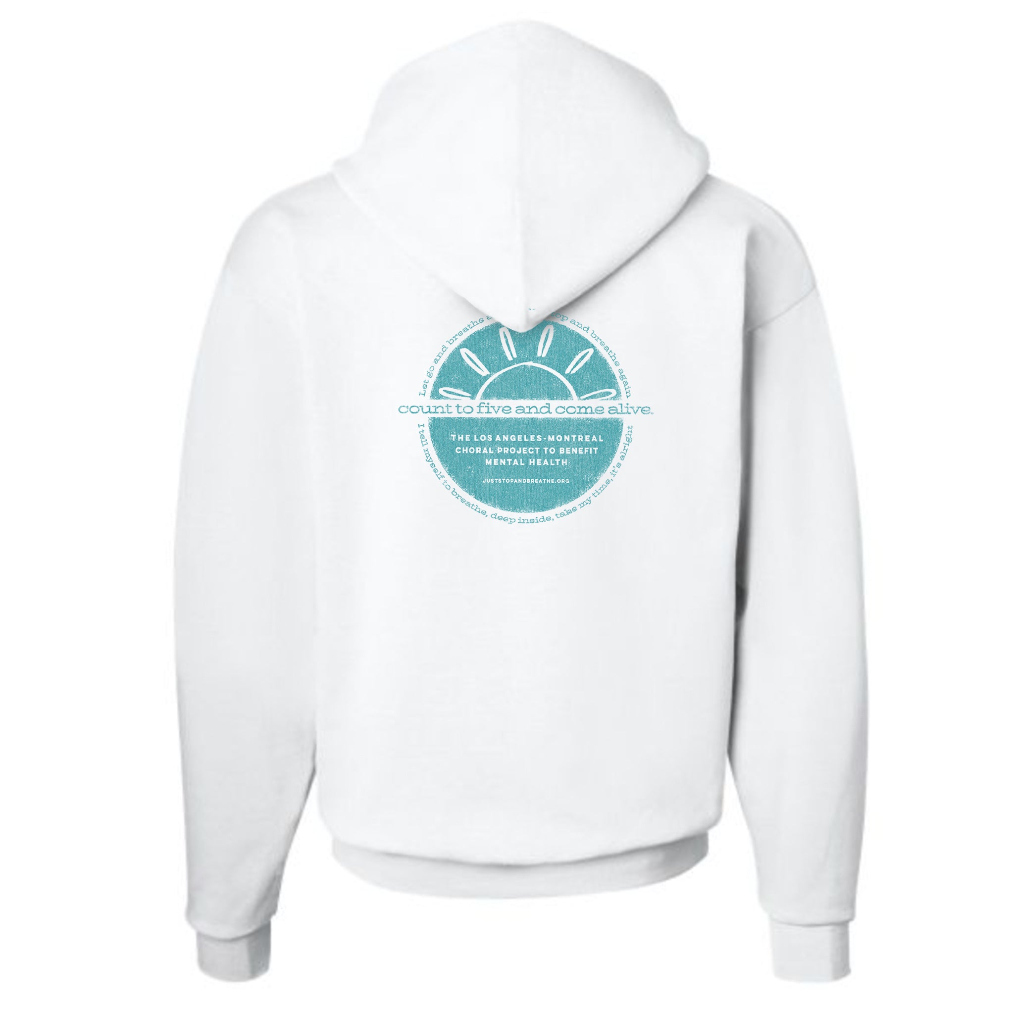 Breathe White Hoodie with teal logo. Back view.