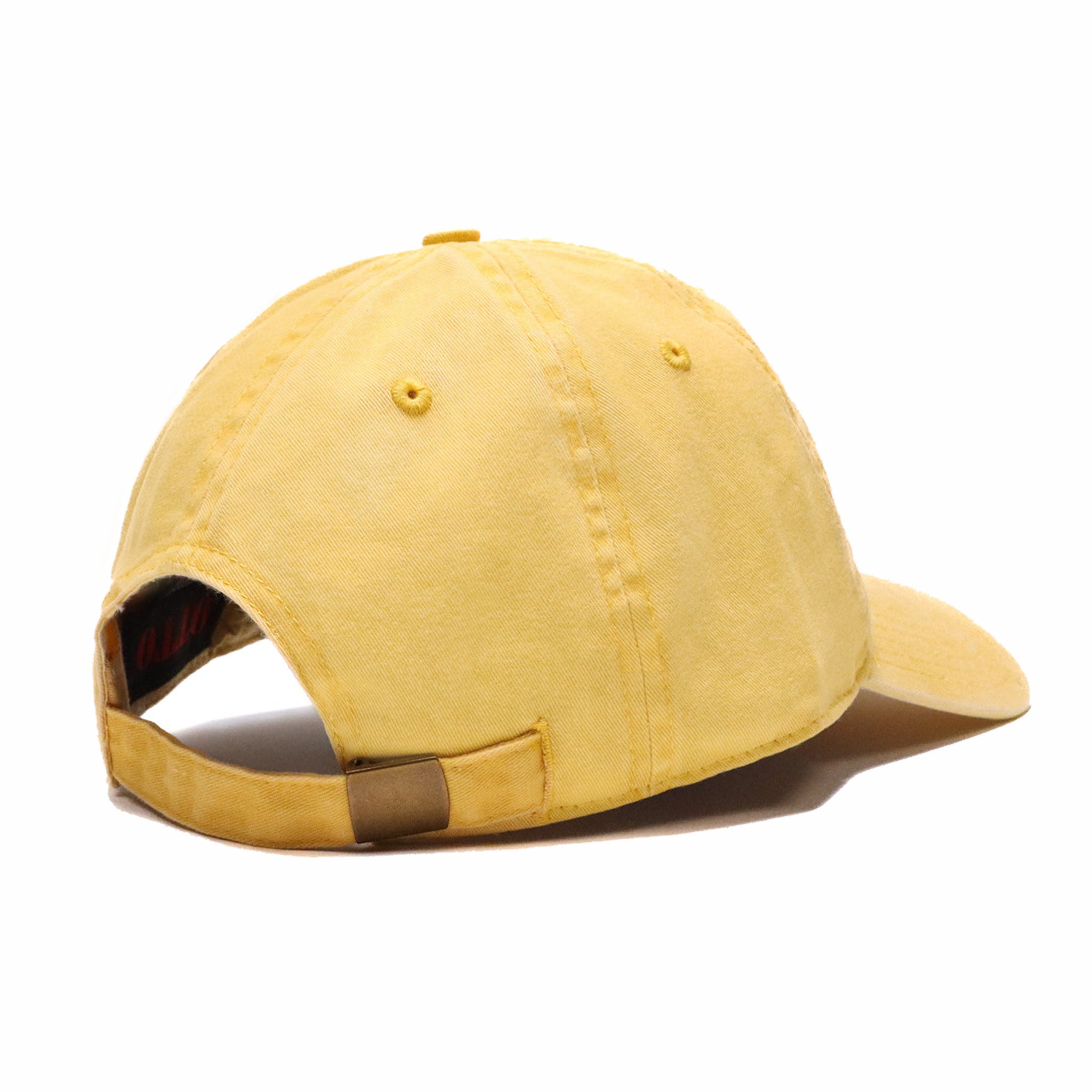 Celleste Yellow Dad Hat with blue and white C logo. Side view.