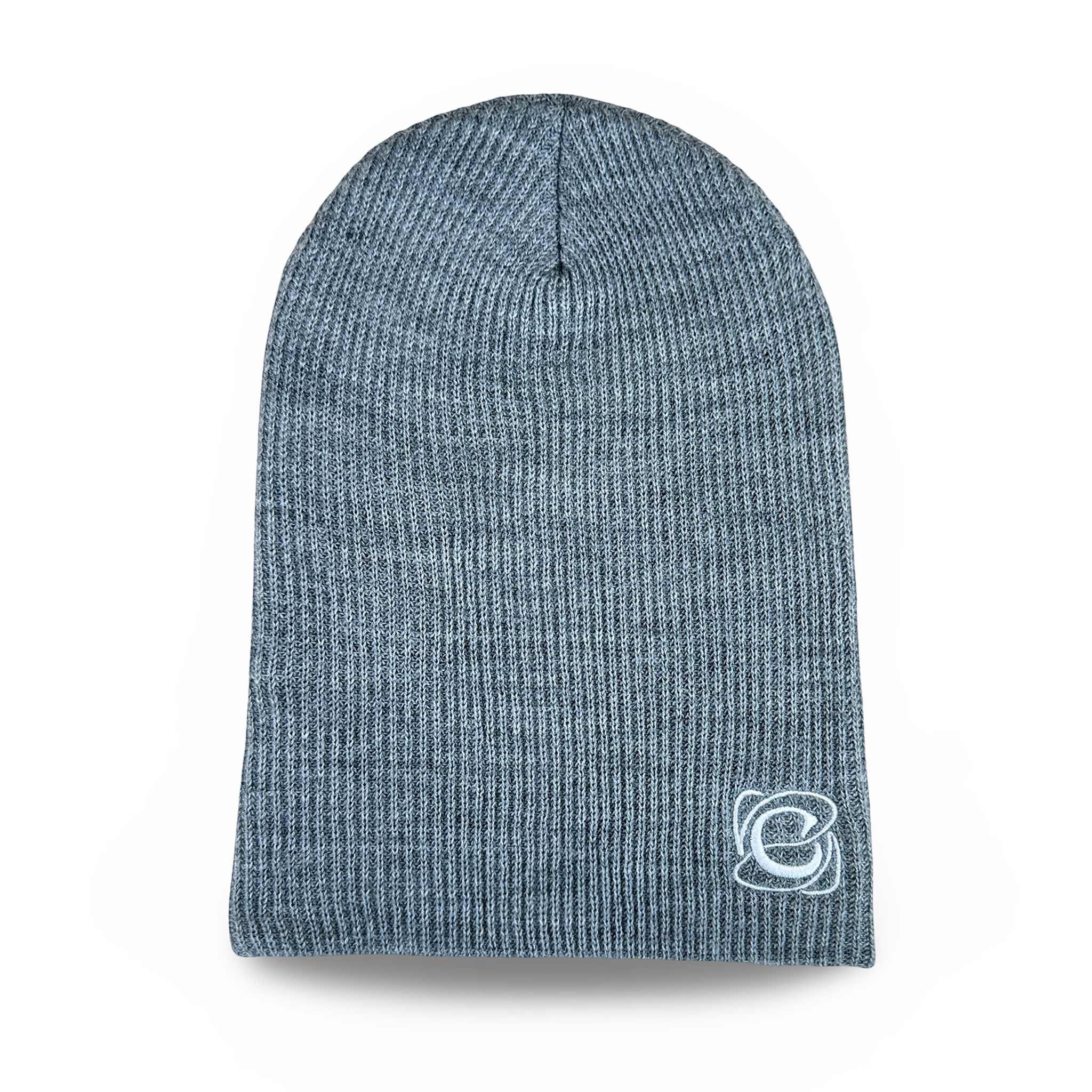 Celleste Heather Gray slouch beanie hat, with white "C" embroidered logo on the left side.