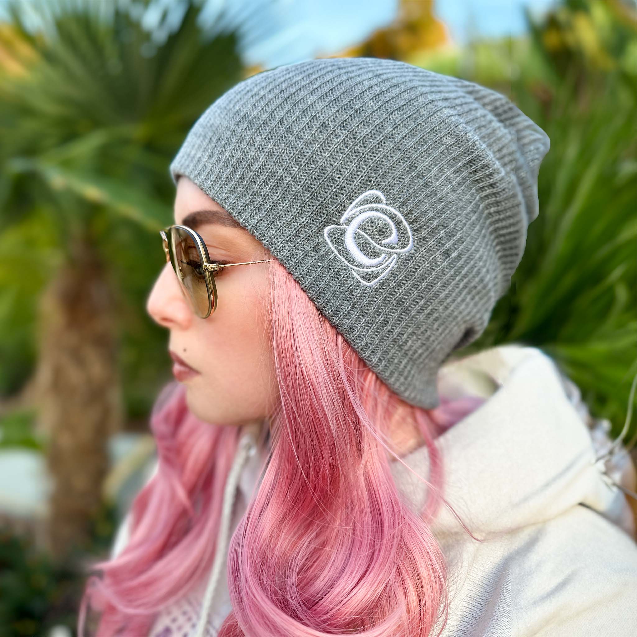 Celleste Heather Gray slouch beanie hat, with white "C" embroidered logo on the left side.