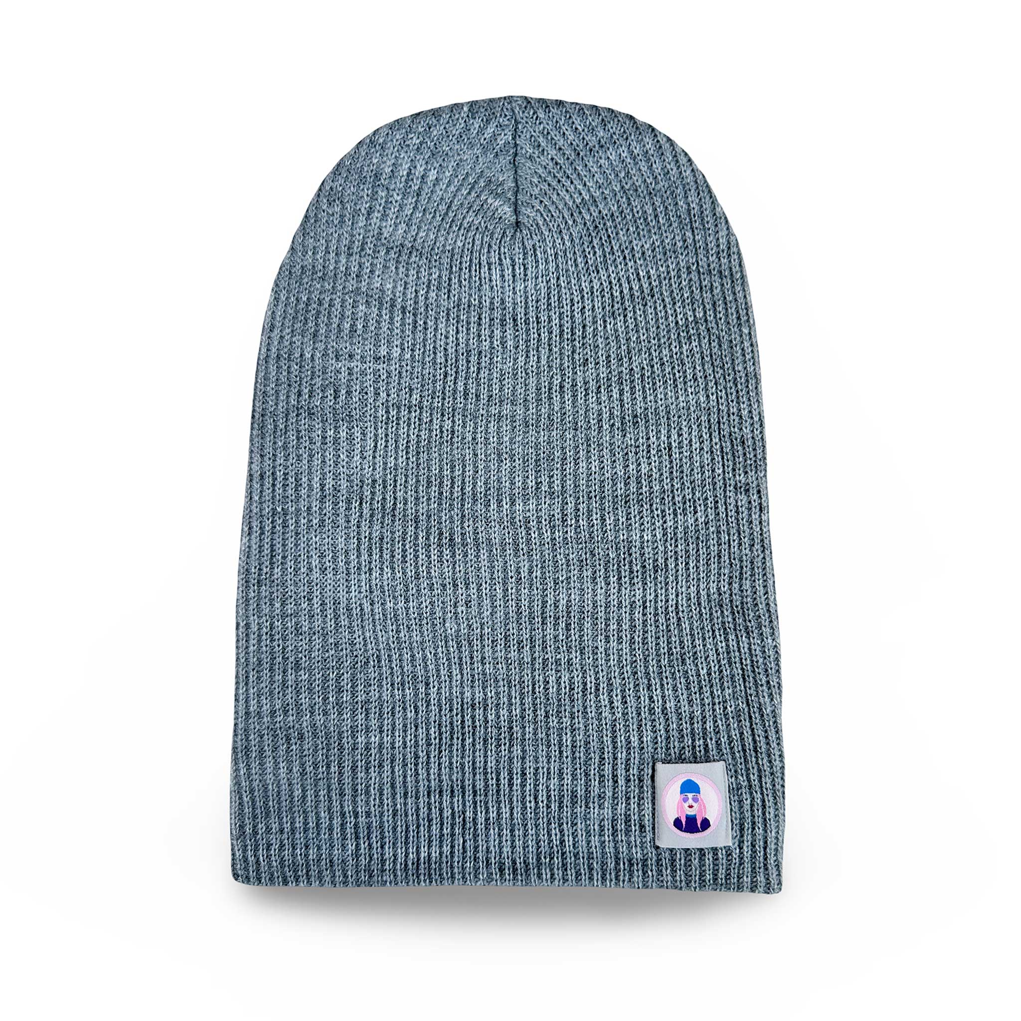 Celleste Heather Gray slouch beanie hat, with Signature "Avatar Tag” on the left side.