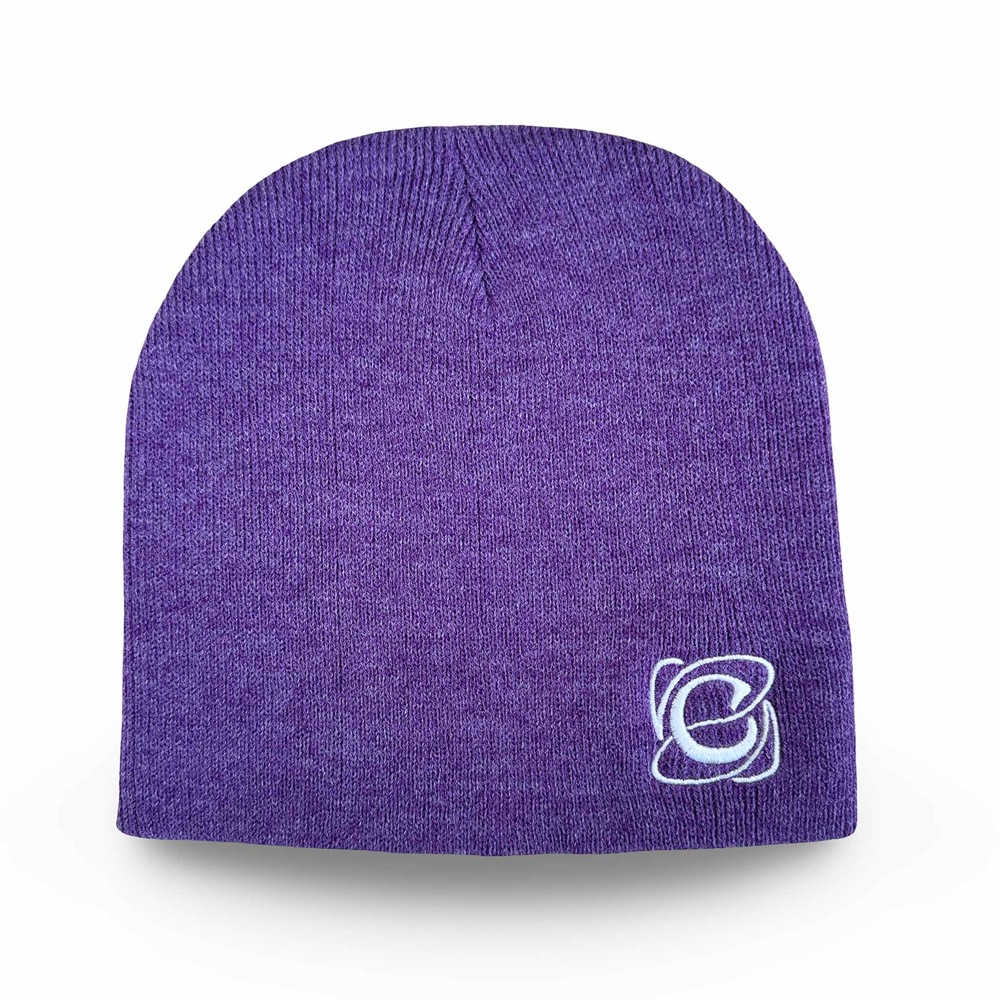 Celleste Heather Purple shorty beanie hat, with white "C" embroidered logo on the left side.