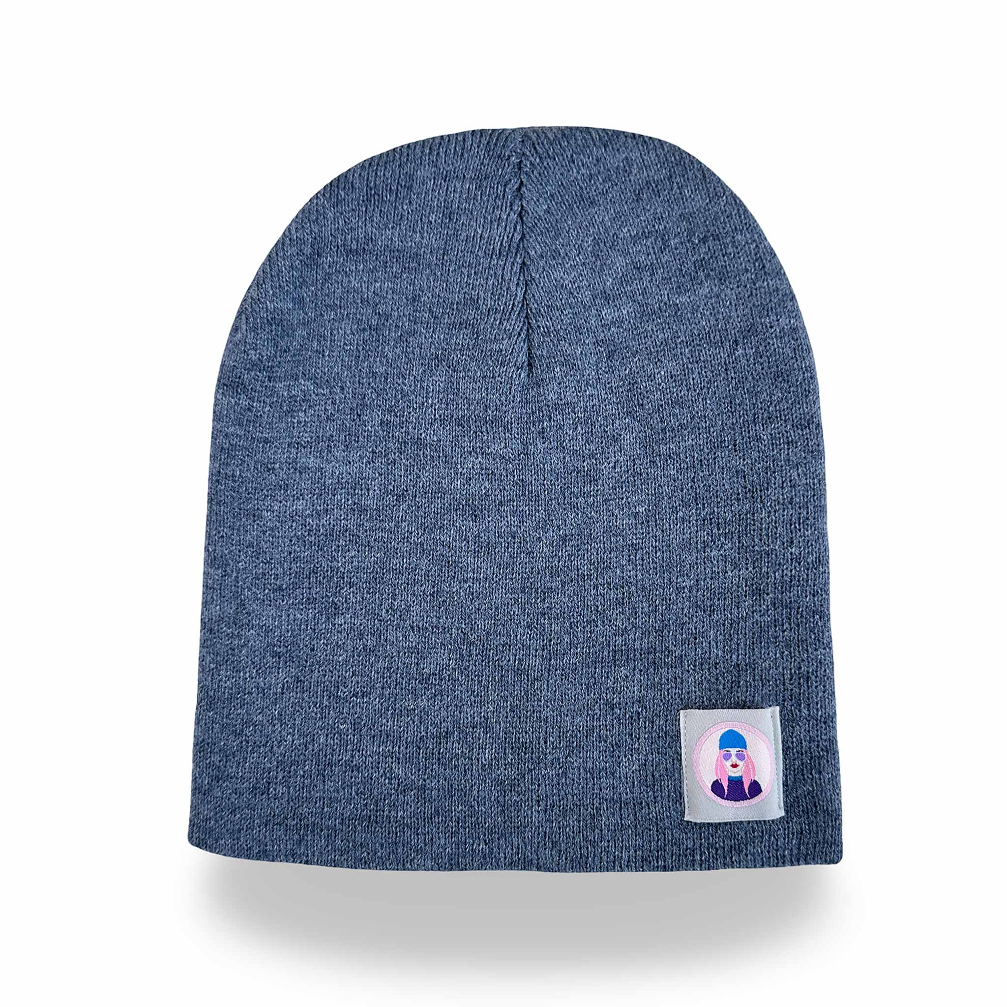 Celleste Heather Navy shorty knit beanie hat, with Signature "Avatar Tag” on the left side.