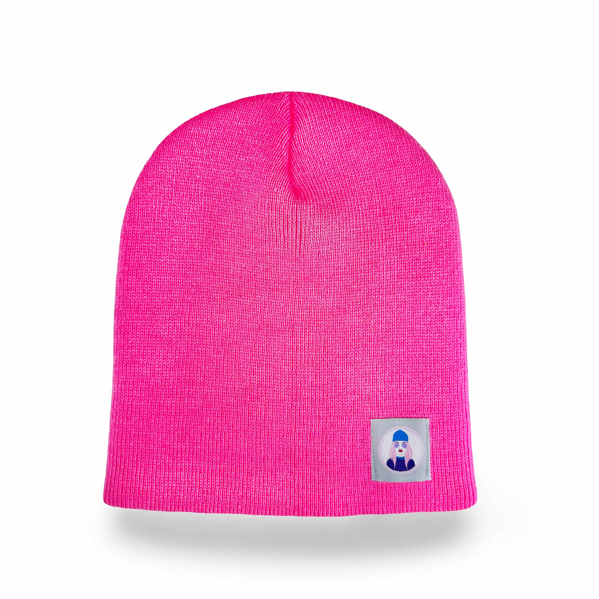 Celleste Neon Pink shorty knit beanie hat, with Signature "Avatar Tag” on the left side.