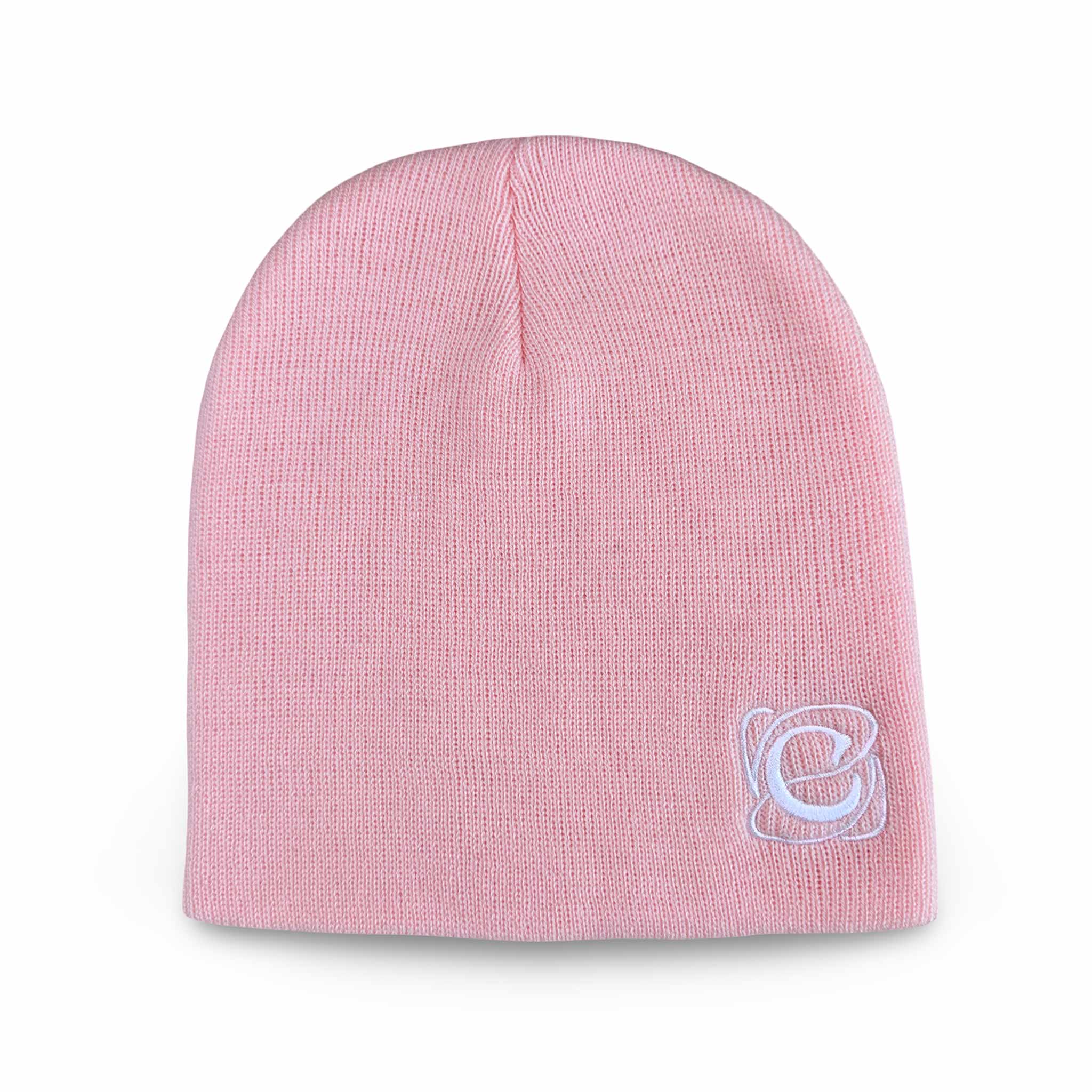 Celleste Pink shorty beanie hat, with white "C" embroidered logo on the left side.