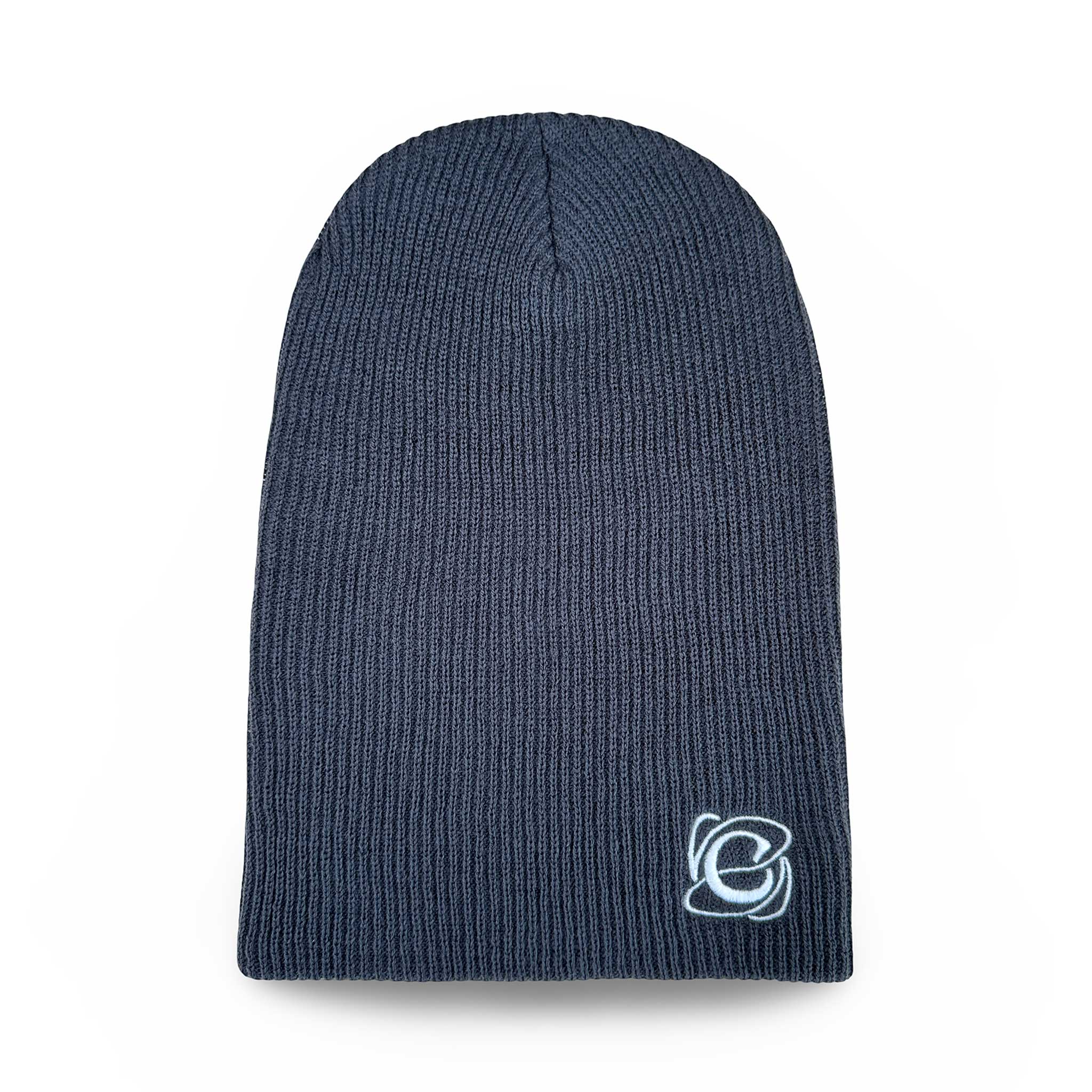 Celleste Vintage Charcoal slouch beanie hat, with white "C" embroidered logo on the left side.