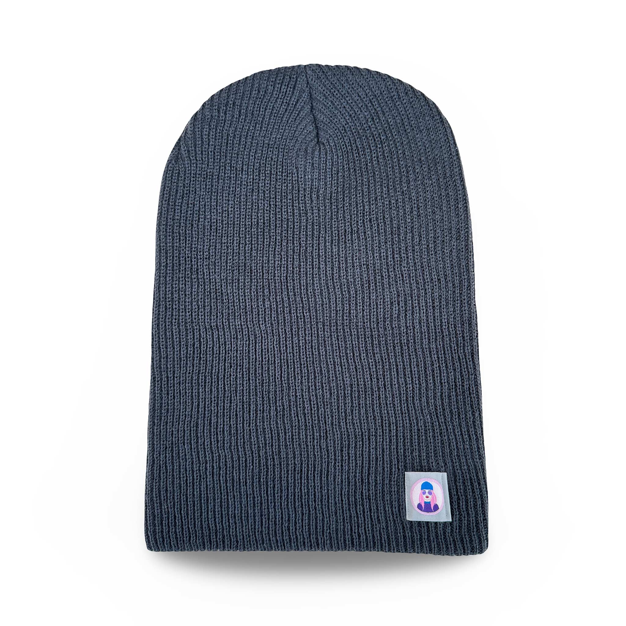 Celleste Vintage Charcoal slouch beanie hat, with Signature "Avatar Tag” on the left side.