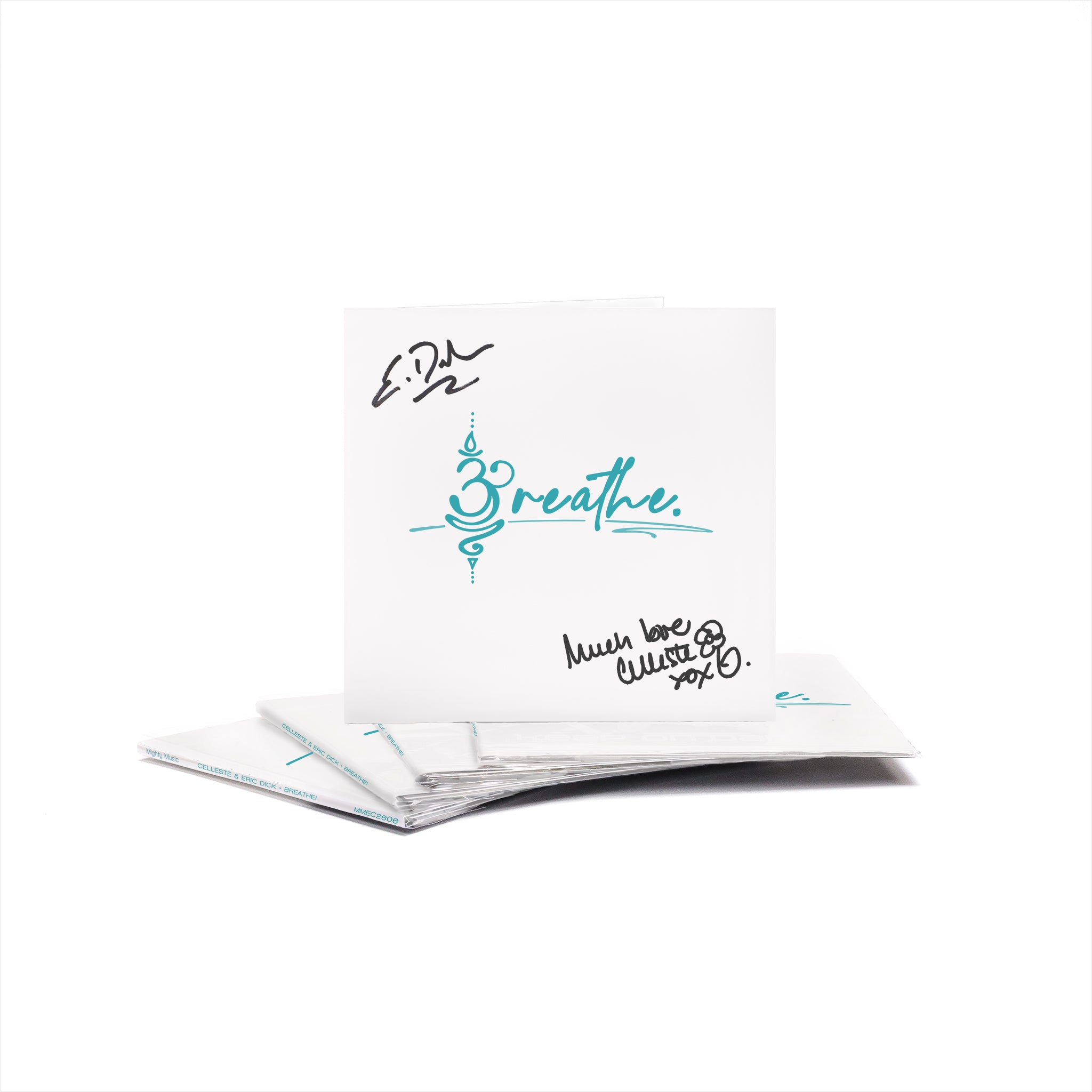 Breathe CD Cover. White background, aqua text & logo. Deluxe edition, autographed by Celleste and Eric Dick.