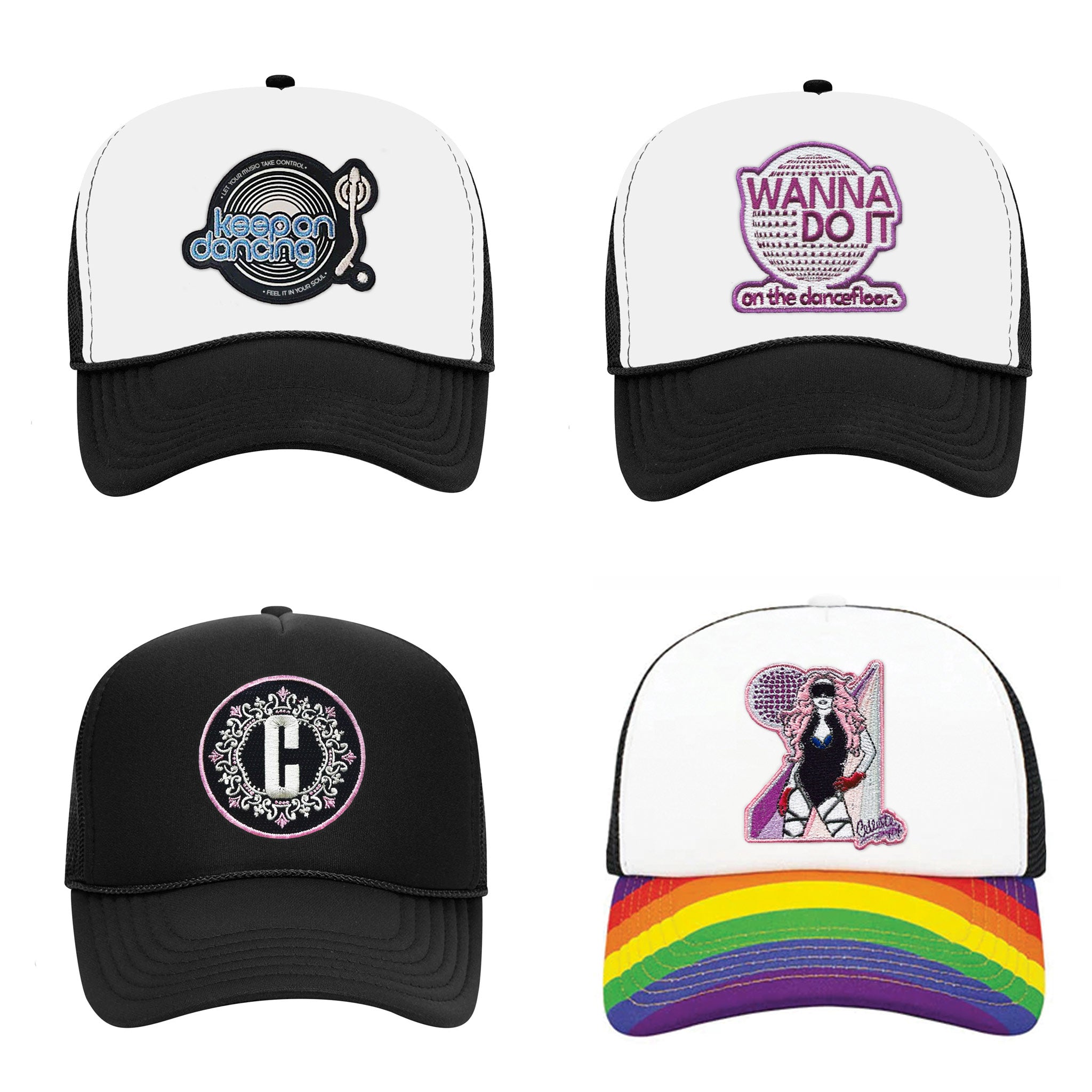 Celleste hat options: Keep on Dancing in White and Black, Wanna Do It in Black and White, "C" Logo in Black, Pride-Rainbow Trucker Hat in Black and White with rainbow beak.