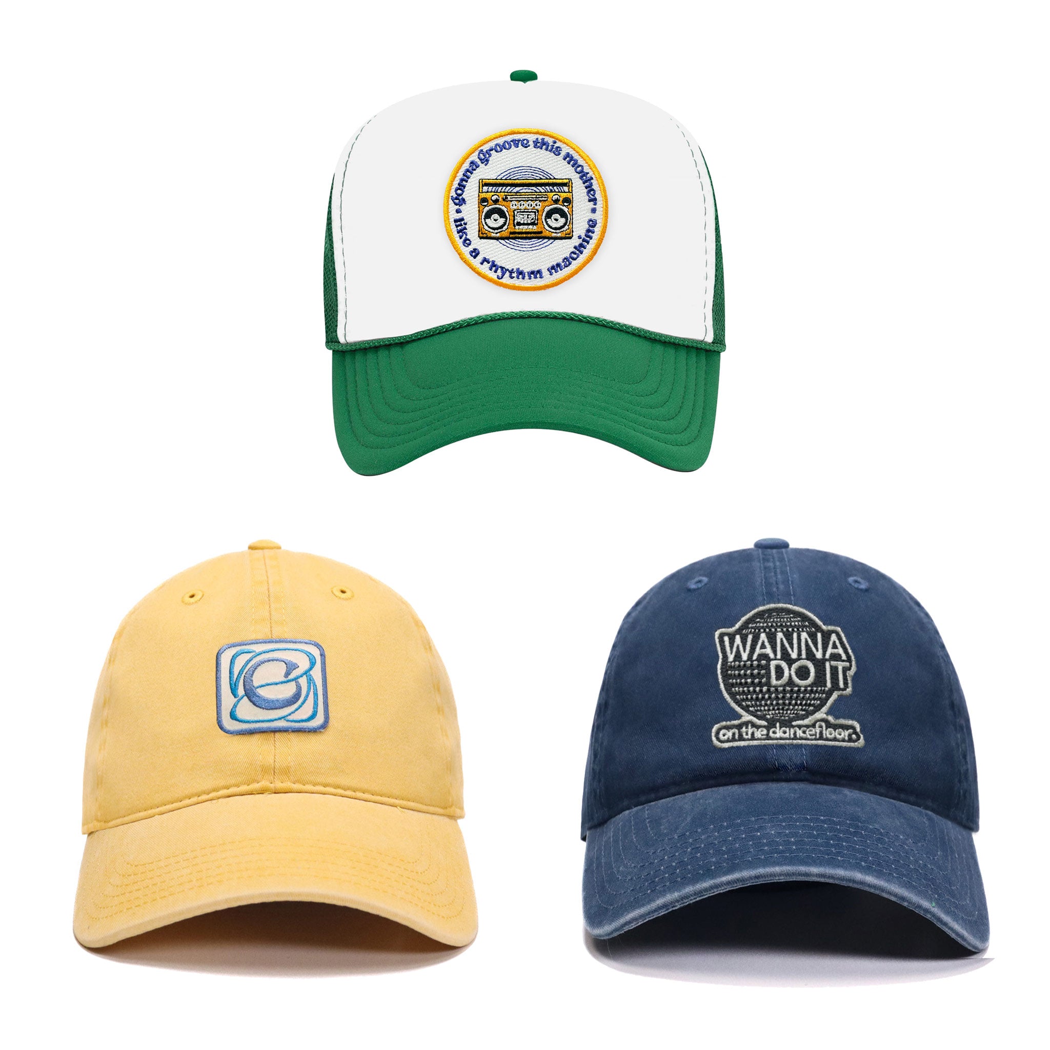 Celleste hat options: Green Groove Machine Trucker Hat in Green and White, "C" Logo Dad Hat in Yellow, Wanna Do It Dad Hat in Navy.