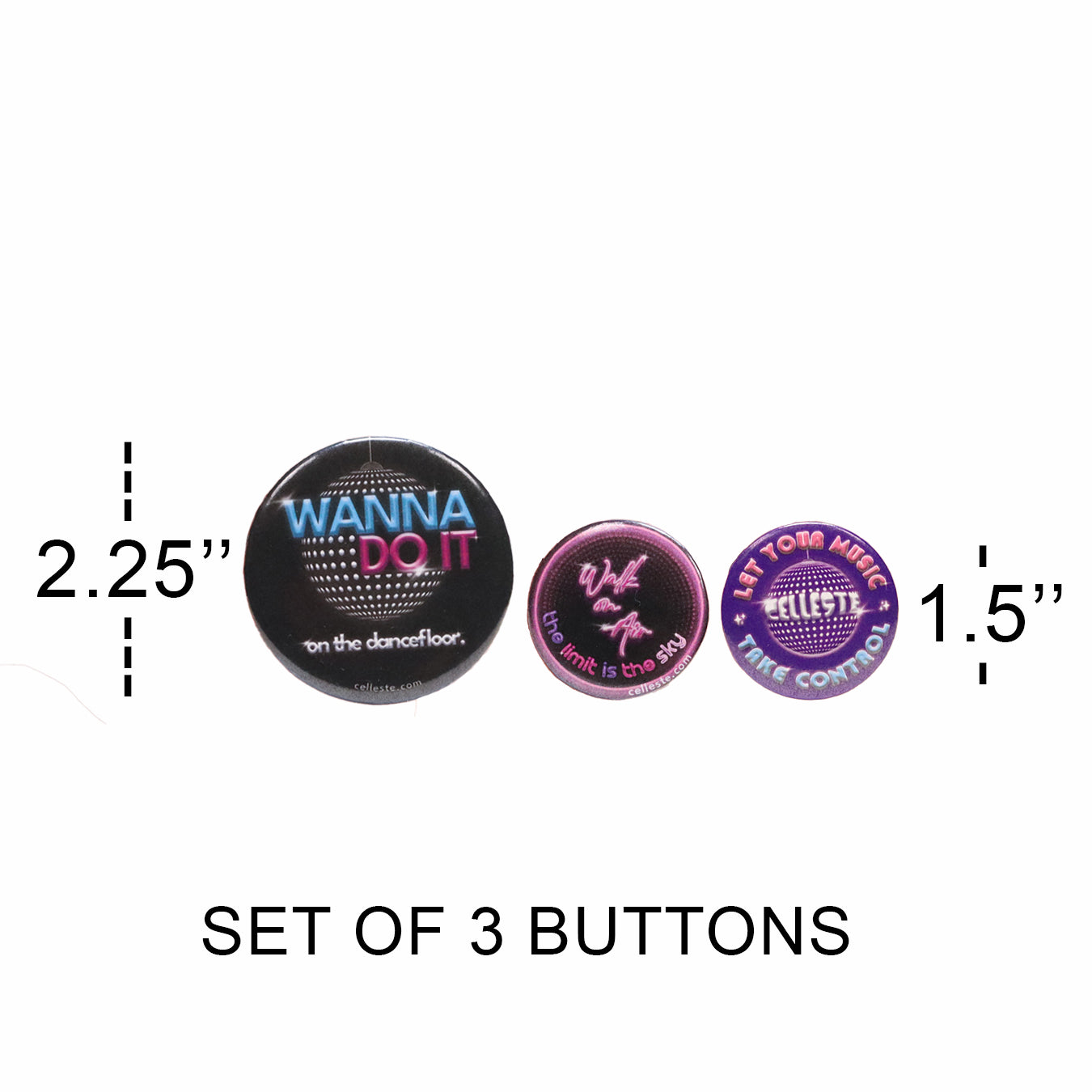 Celleste - Set of three buttons with measurements.