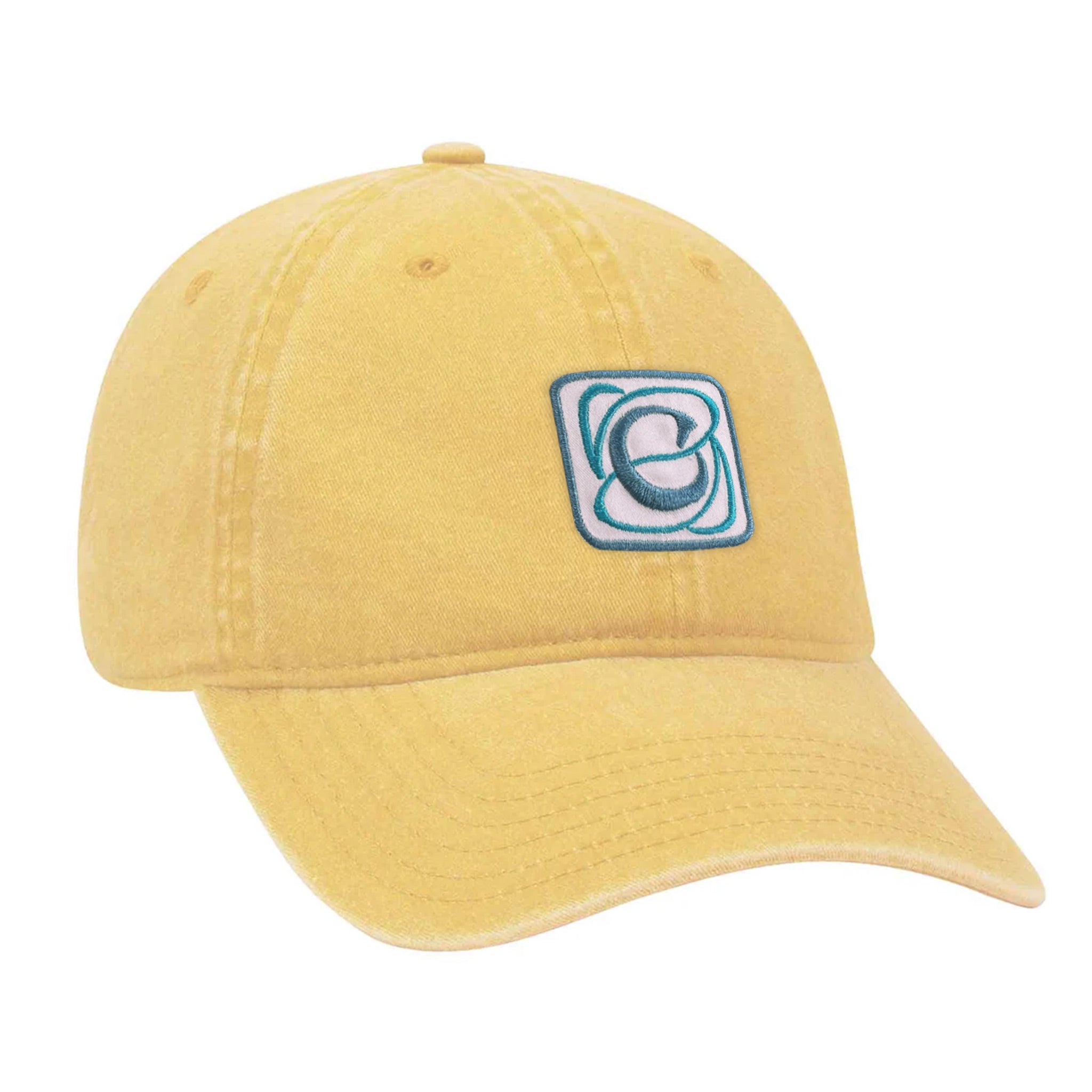 Celleste Yellow Dad Hat with blue and white C logo. Front-side view.