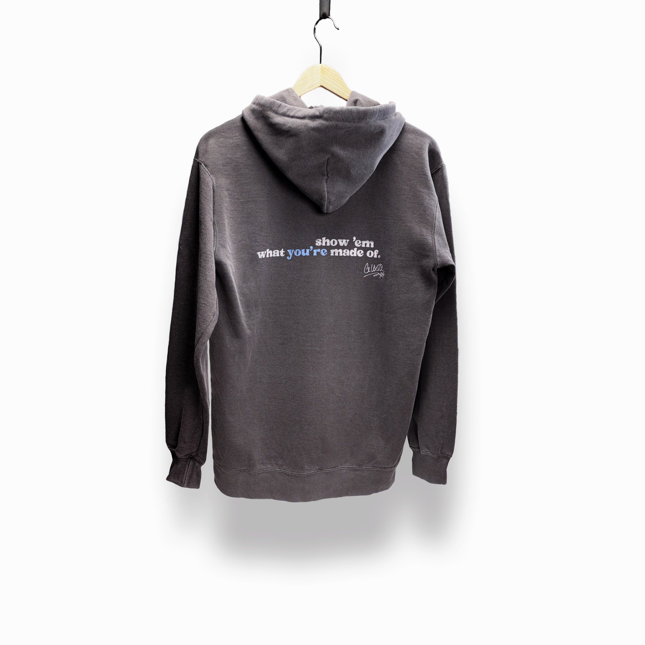 Celleste Keep on Dancing Vintage Black Hoodie with white and blue logo. Back view.