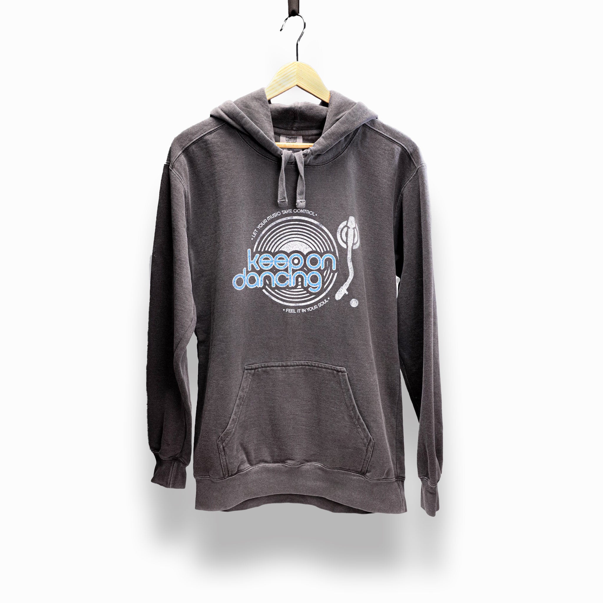 Celleste Keep on Dancing Vintage Black Hoodie with white and blue logo