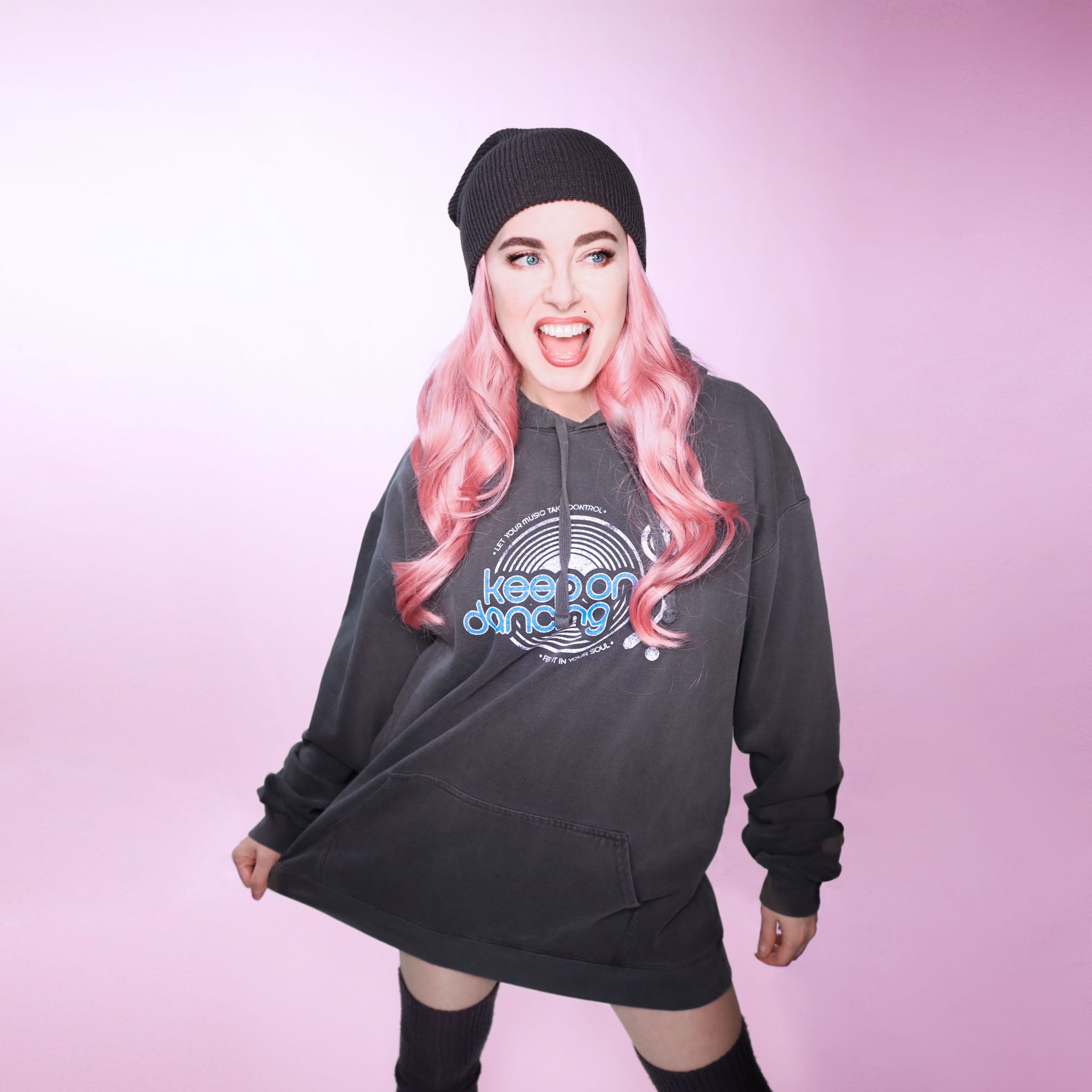 Celleste Keep on Dancing Vintage Black Hoodie with white and blue logo. Size 2XL.