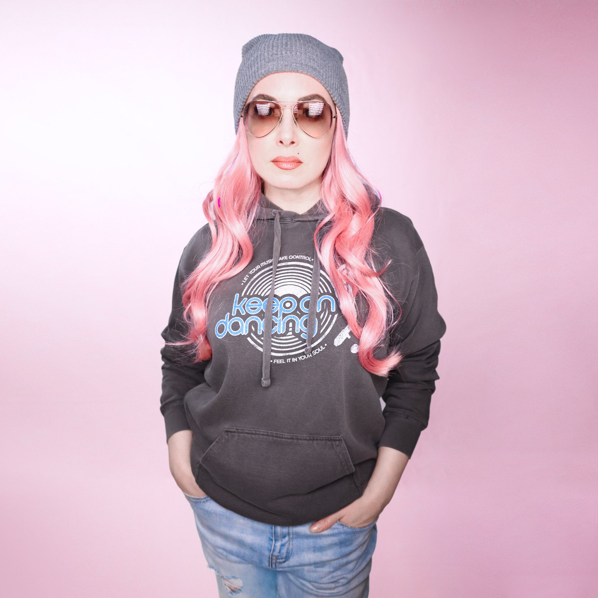 Celleste Keep on Dancing Vintage Black Hoodie with white and blue logo. Size Medium.