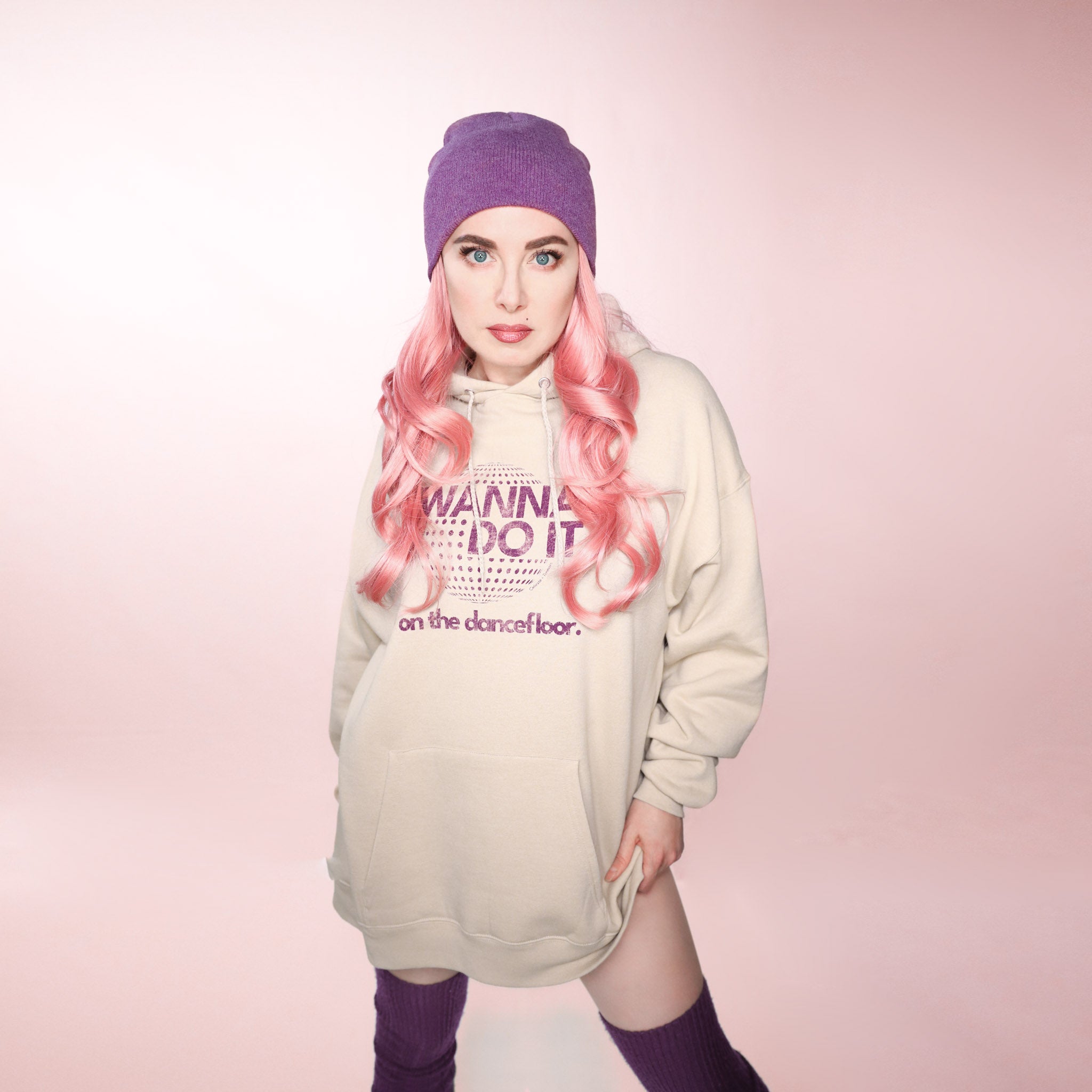 Celleste Wanna Do it Hoodie with purple logo. Sand color. Size XL.