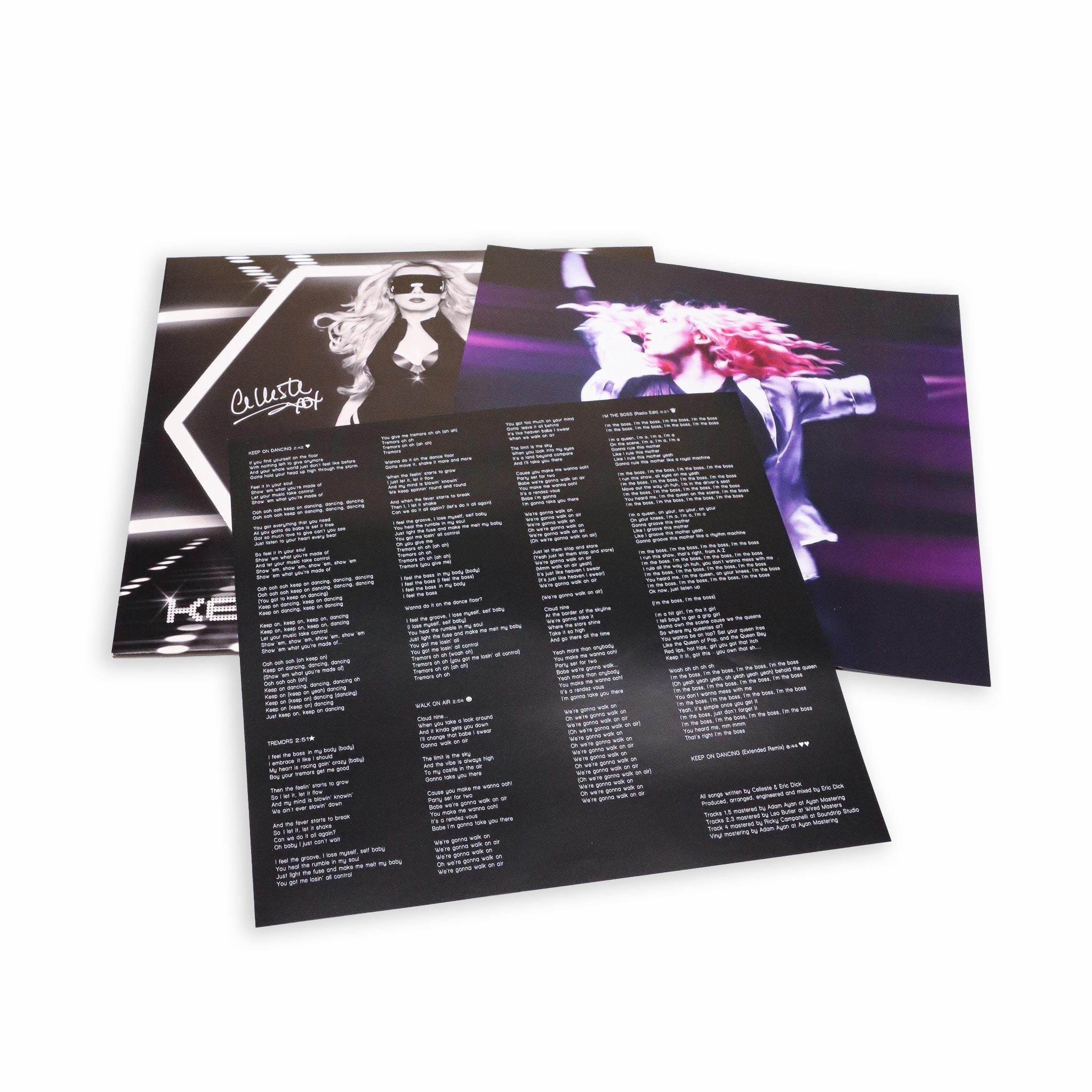 Celleste Keep on Dancing vinyl, front cover with insert showing lyrics and a picture.