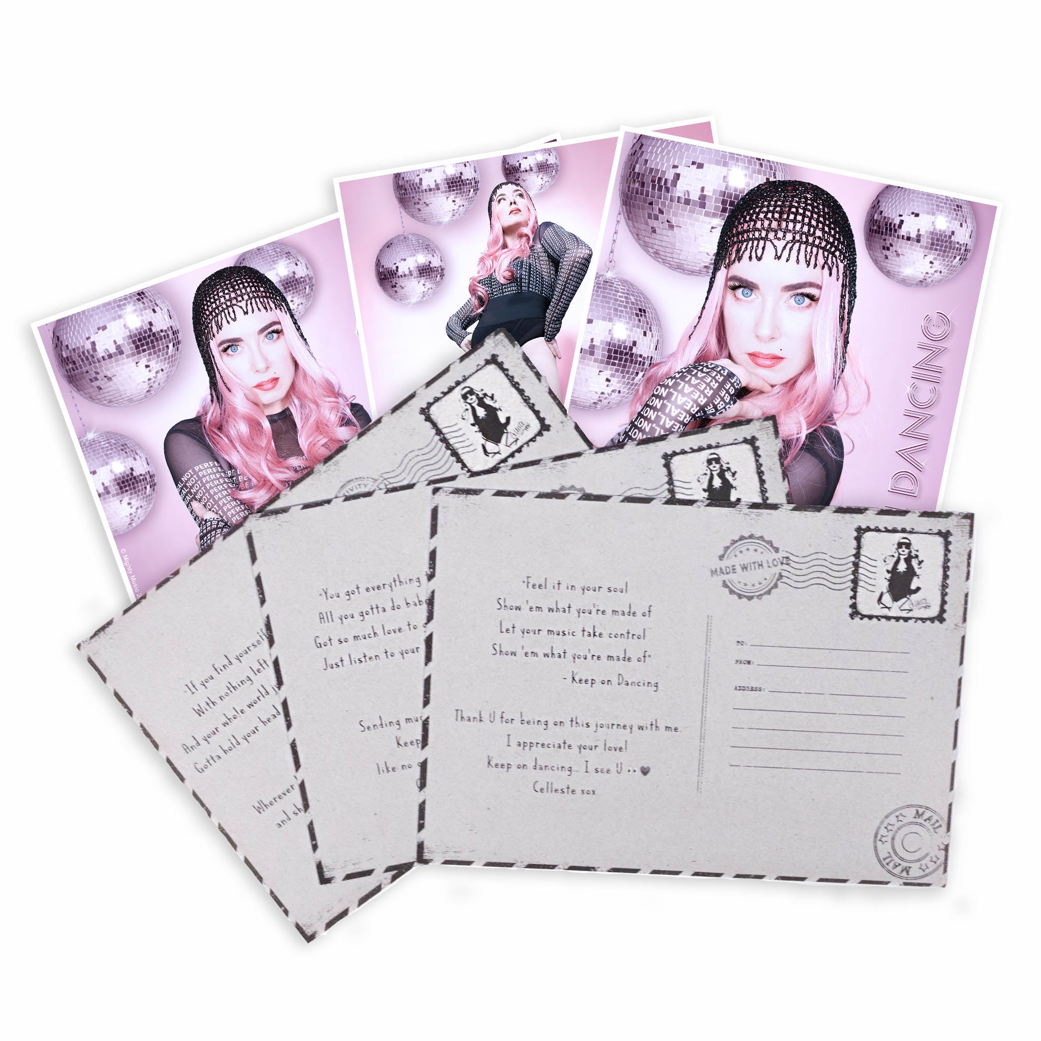 Celleste 3 postcard set, showing front and back.