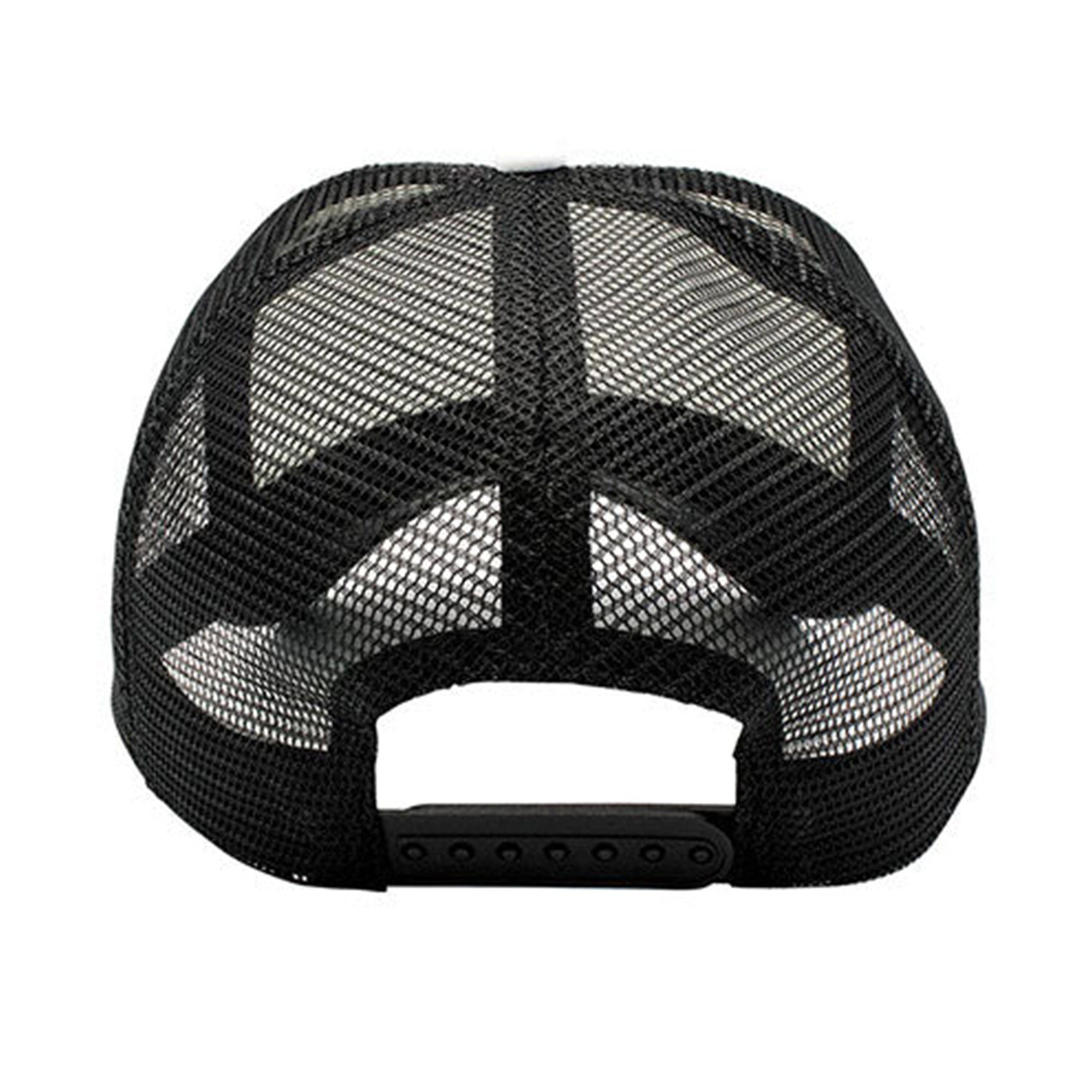 Celleste Rainbow trucker hat, black mesh, back view.
