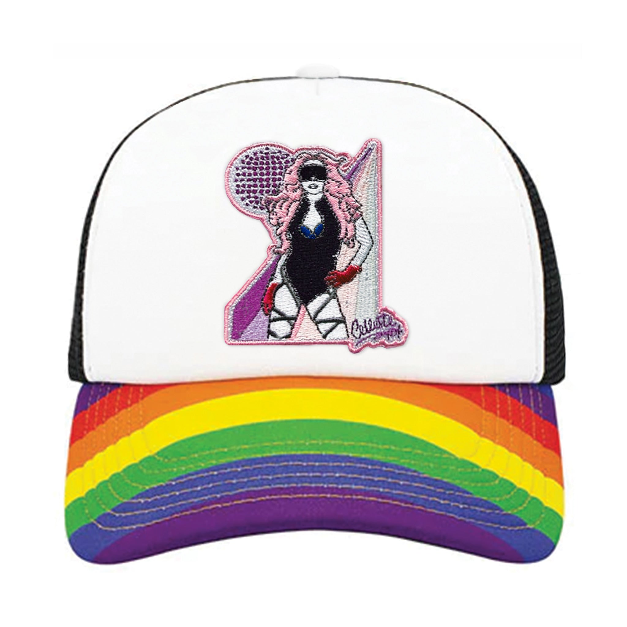 Celleste Rainbow Trucker Hat with embroidered Celleste patch. Black and white hat, rainbow beak, front view.