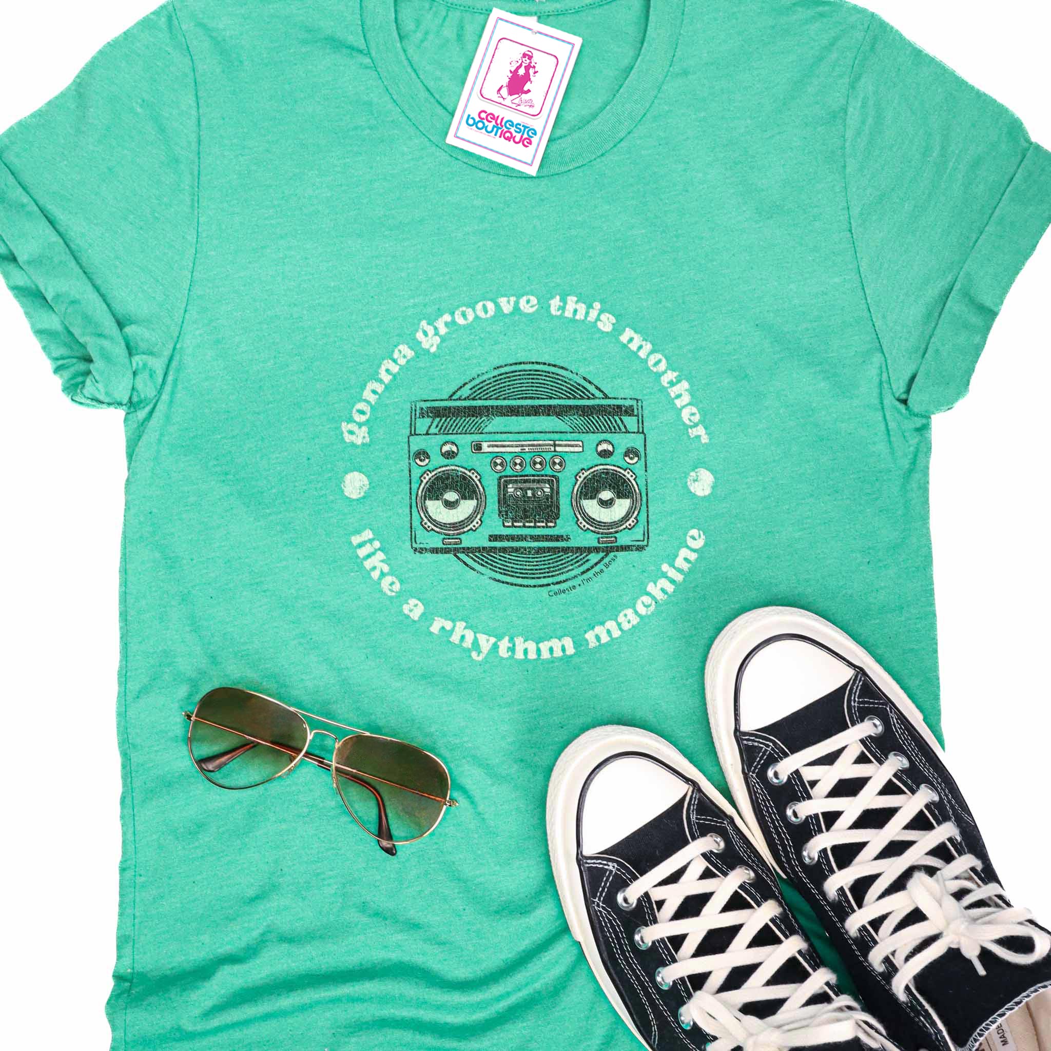 Celleste Green Groove Machine Tee. Kelly green color with black and white logo.