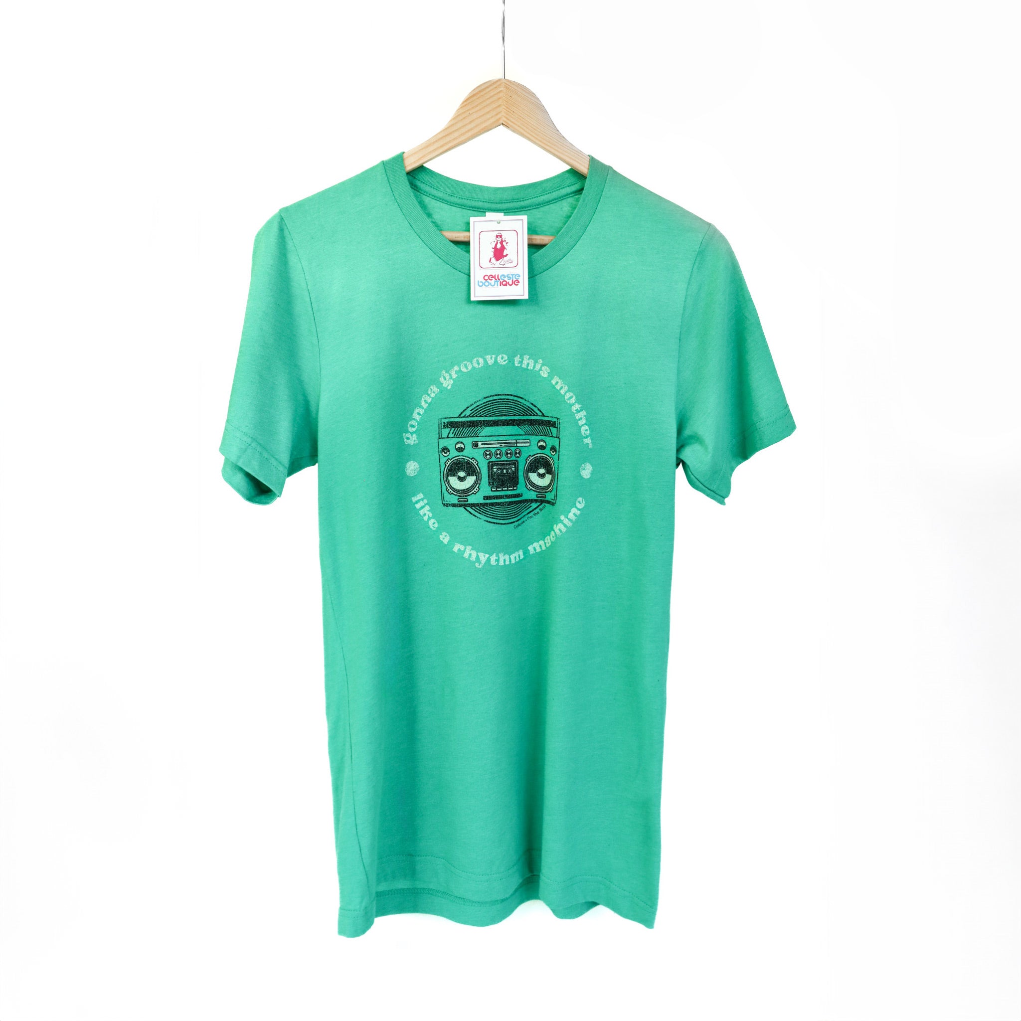 Celleste Green Groove Machine Tee. Kelly Green Color with black and white logo.