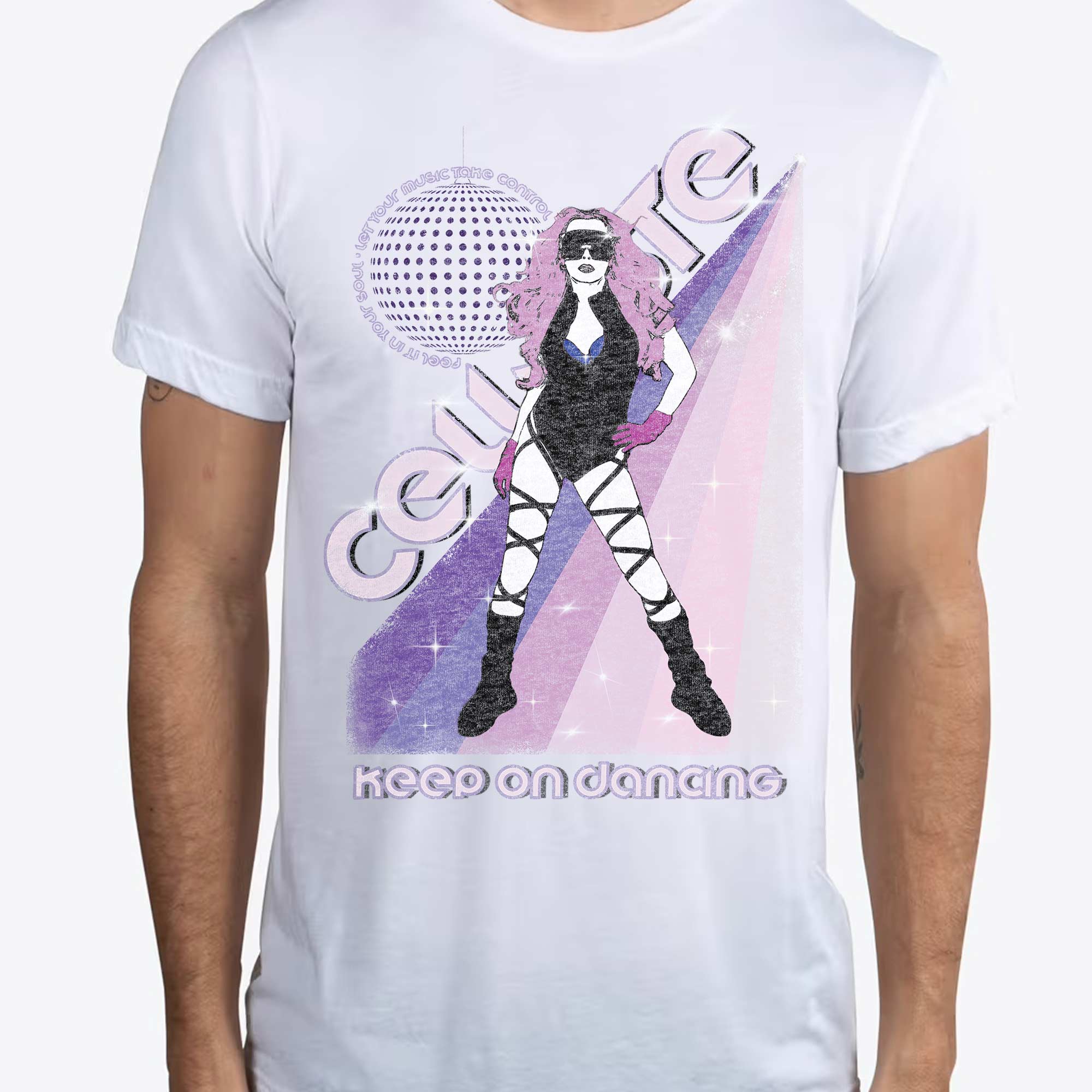 Celleste Keep On Dancing Poster Tee. White tee with rainbow and Celleste silhouette logo.