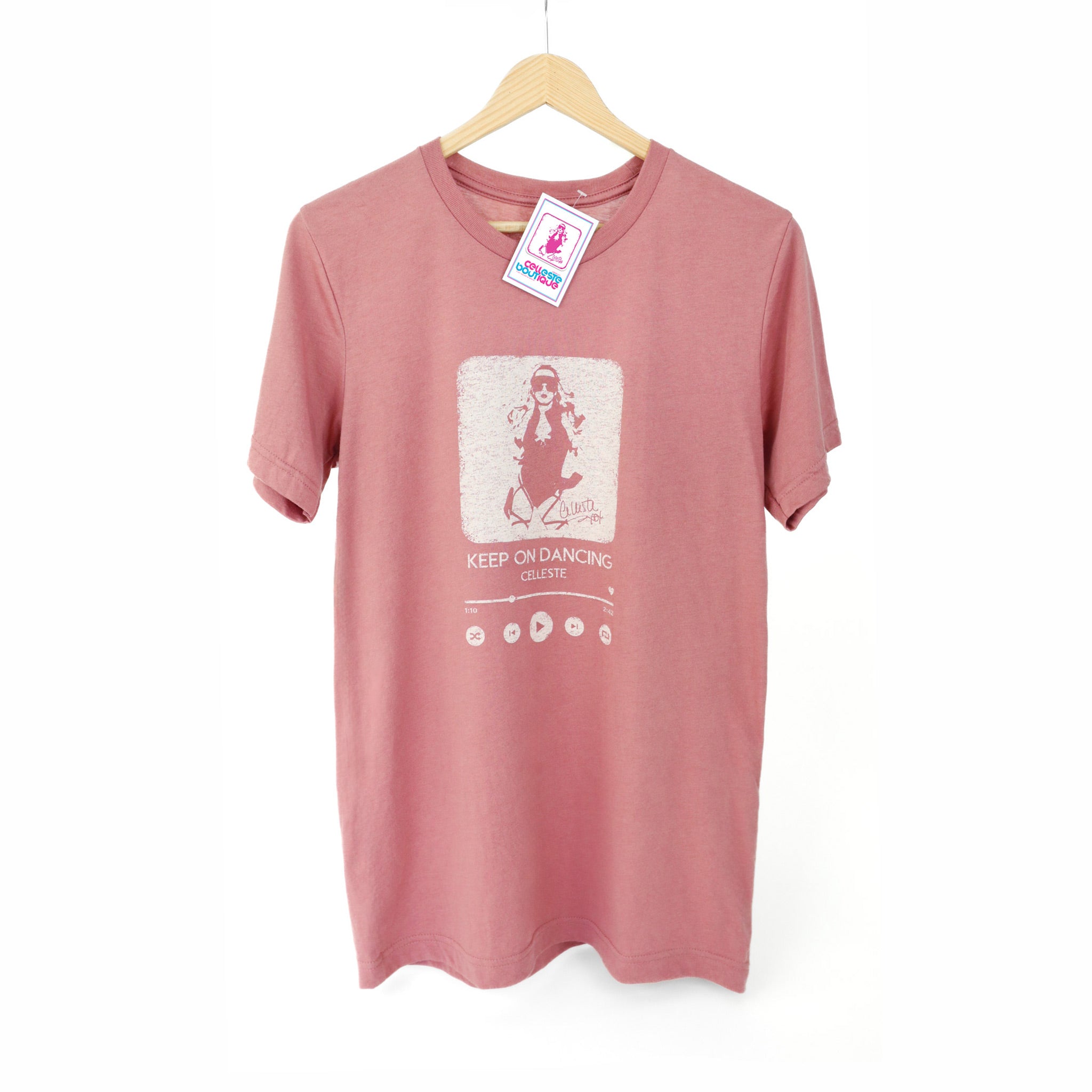 Keep on Dancing mauve T-shirt with Celleste streaming player logo in white.