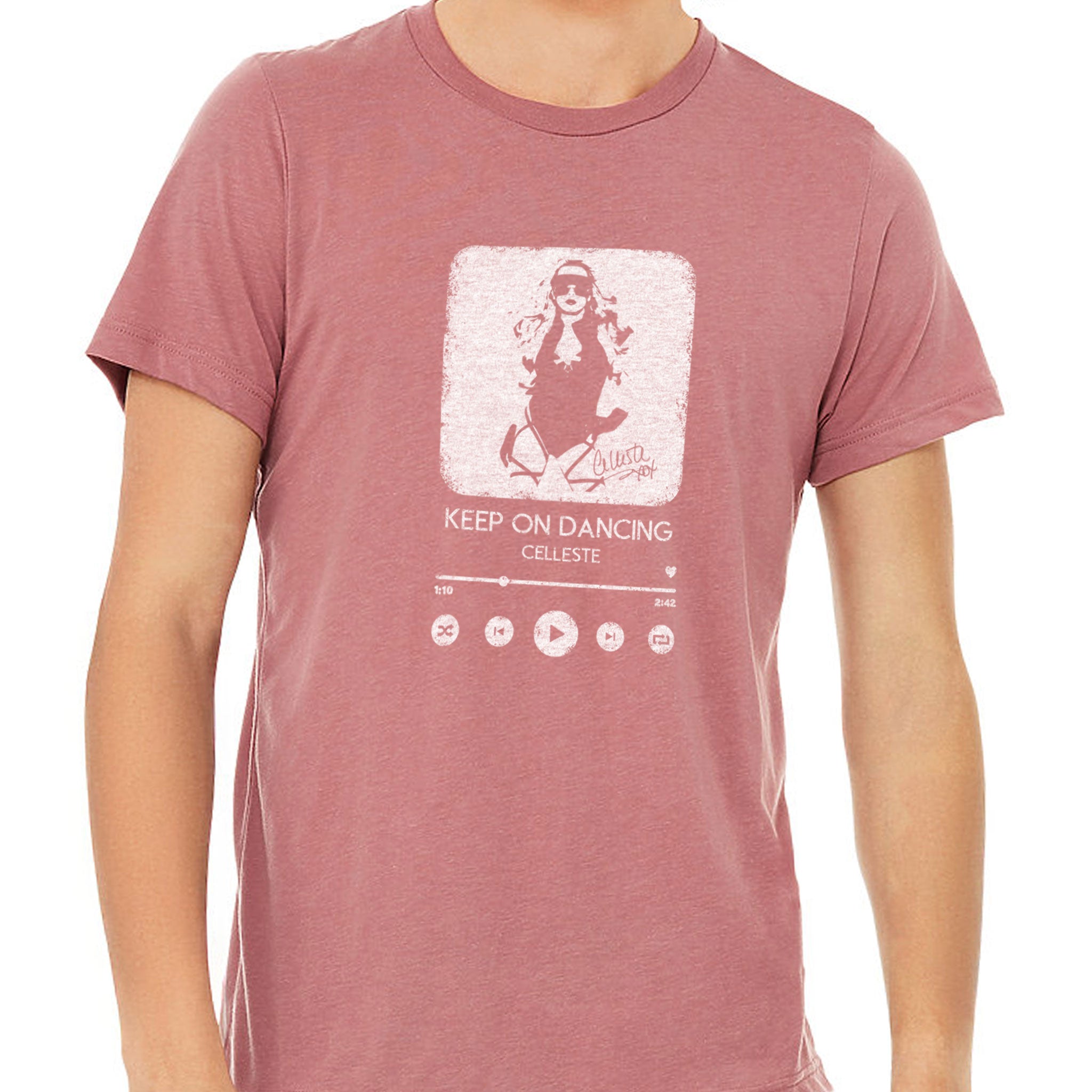 Keep on Dancing mauve T-shirt with Celleste streaming player logo in white.