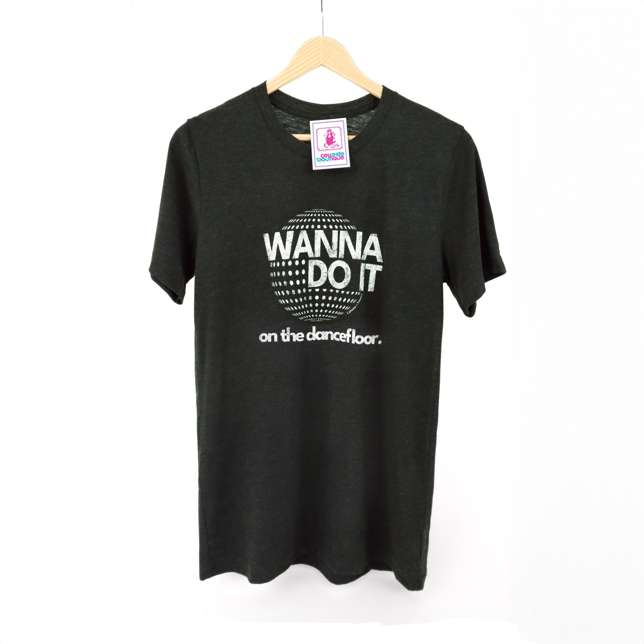 Celleste Charcoal Black Wanna Do It Tee with white logo.