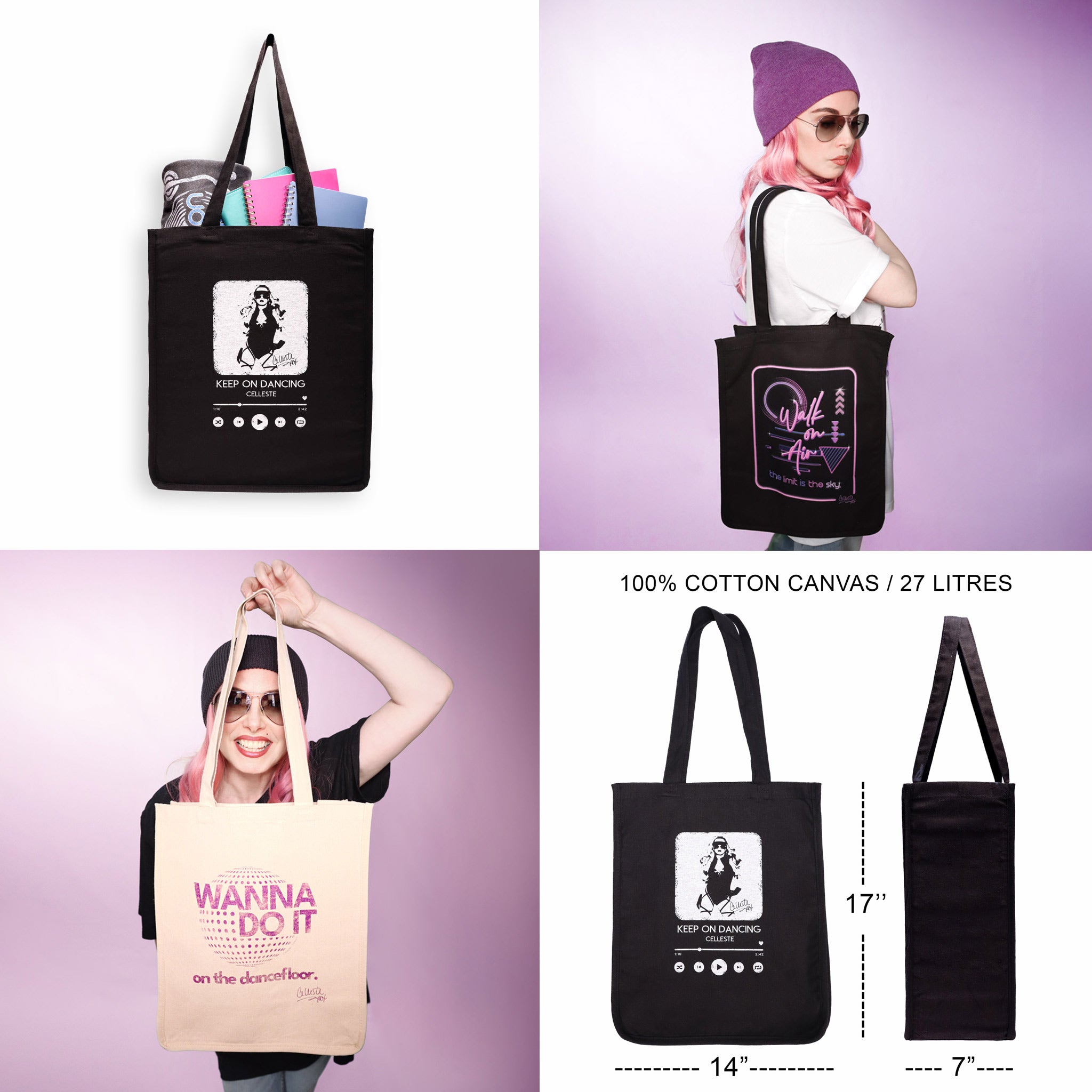 Celleste tote options: Keep on Dancing and Walk on Air in Black, Wanna Do It in Natural Canvas. 100% cotton, 27L totes.