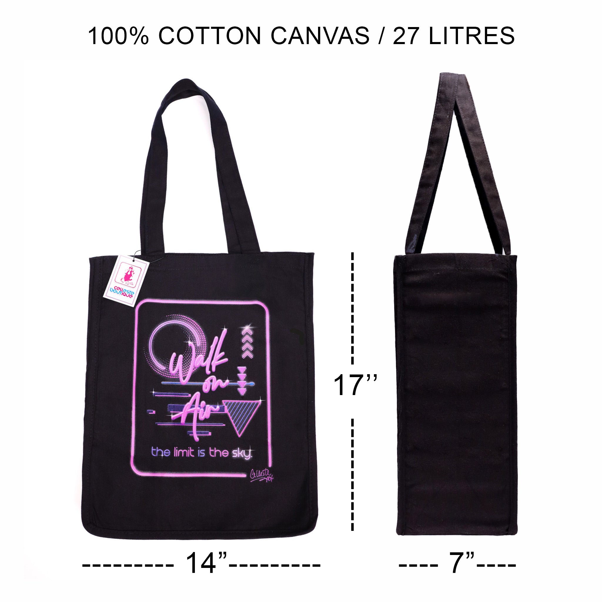 Celleste Walk on Air Black Tote Bag with purple logo. Front and side view with dimensions.