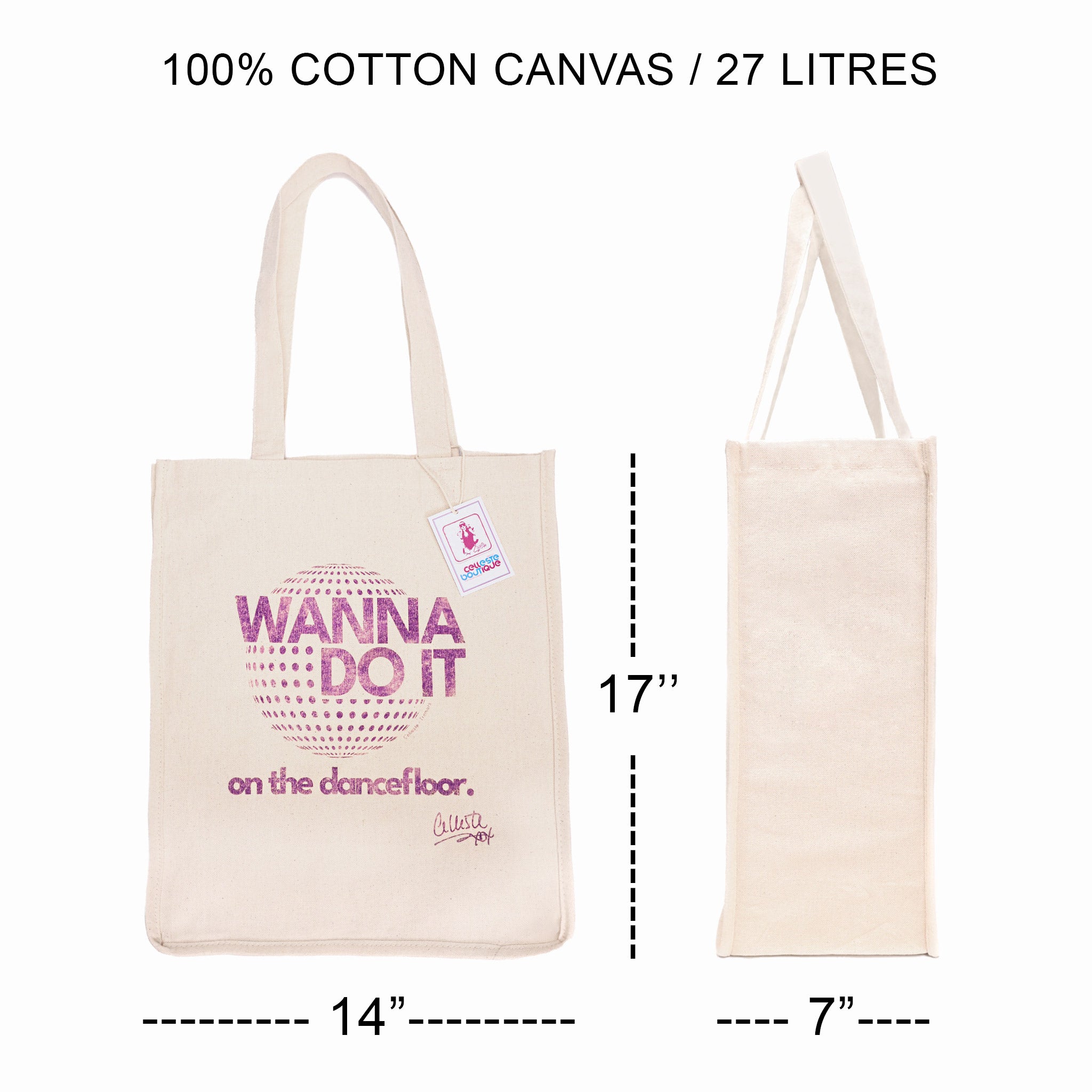 Celleste Wanna Do It Natural Canvas Tote Bag with purple logo. Front and side view with dimensions.