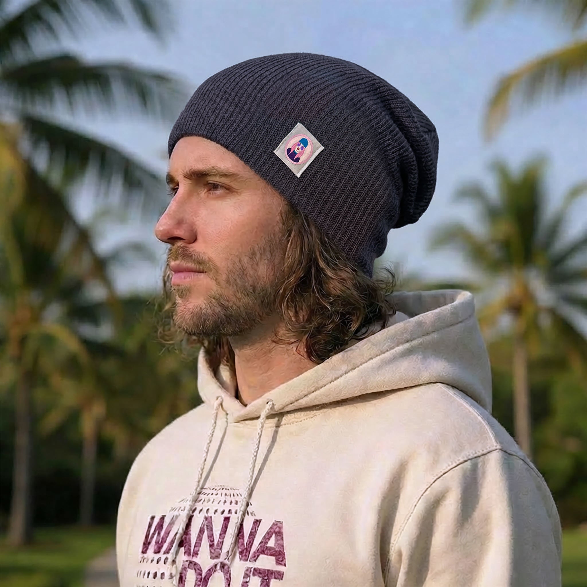 Celleste Vintage Charcoal slouch beanie hat, with Signature "Avatar Tag” on the left side.