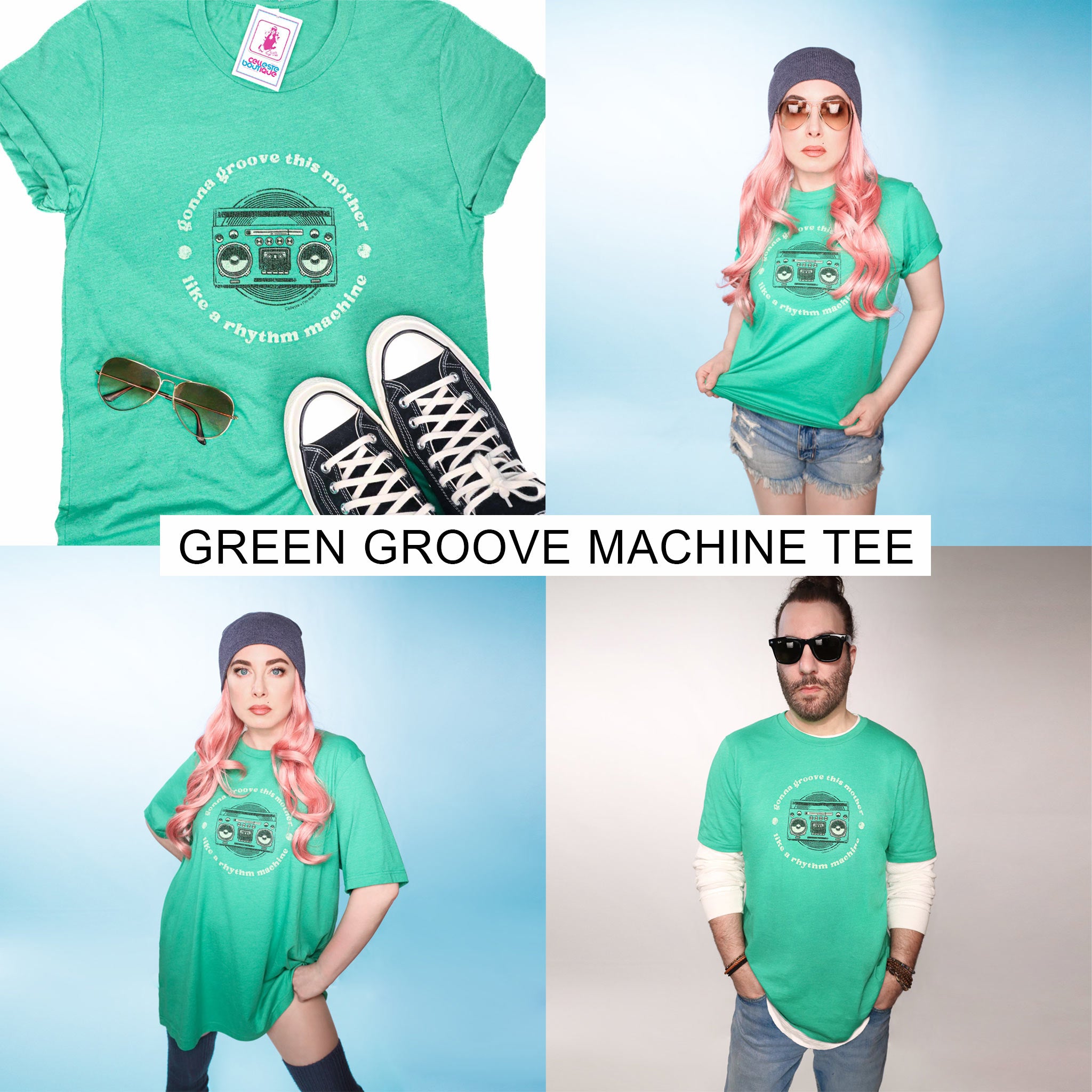 Celleste Green Groove Machine Unisex Tee. Kelly Green Color with black and white logo.