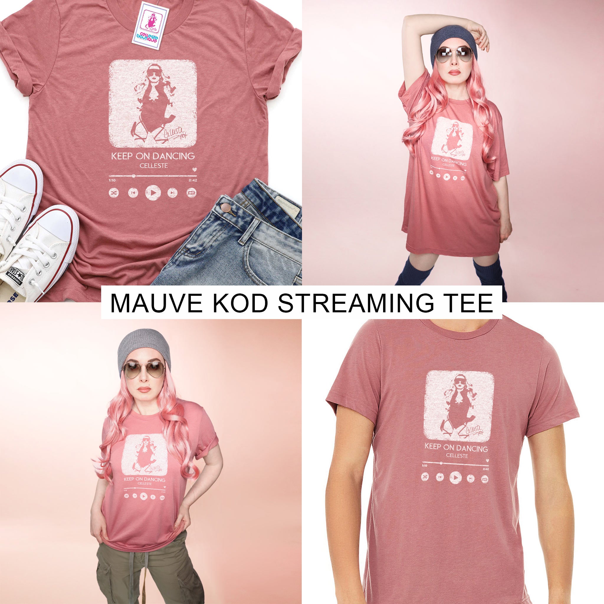 Keep on Dancing mauve T-shirt with Celleste streaming player logo in white.