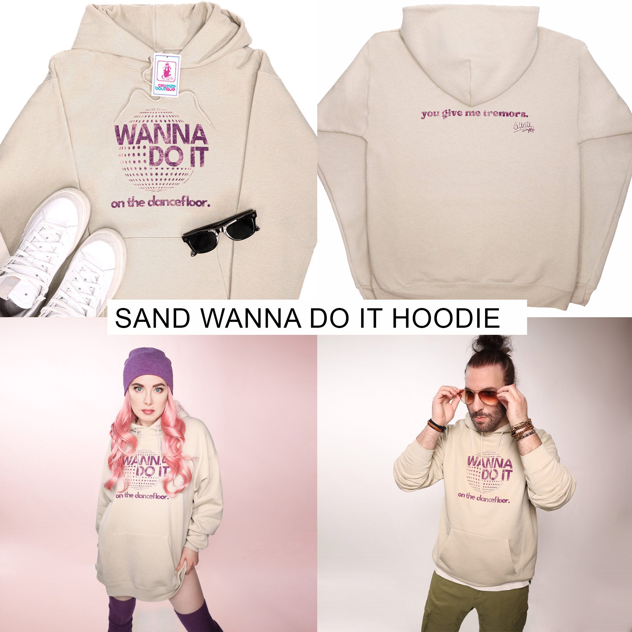 Celleste Wanna Do it Hoodie with purple logo. Sand color. Front and back view.