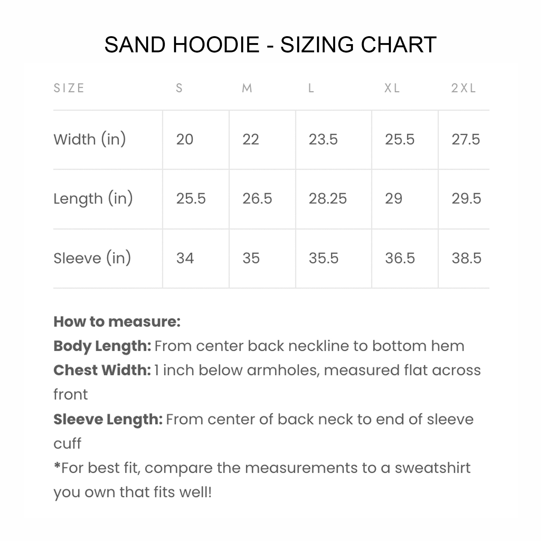 Sizing chart for sand hoodie with measurements in inches.