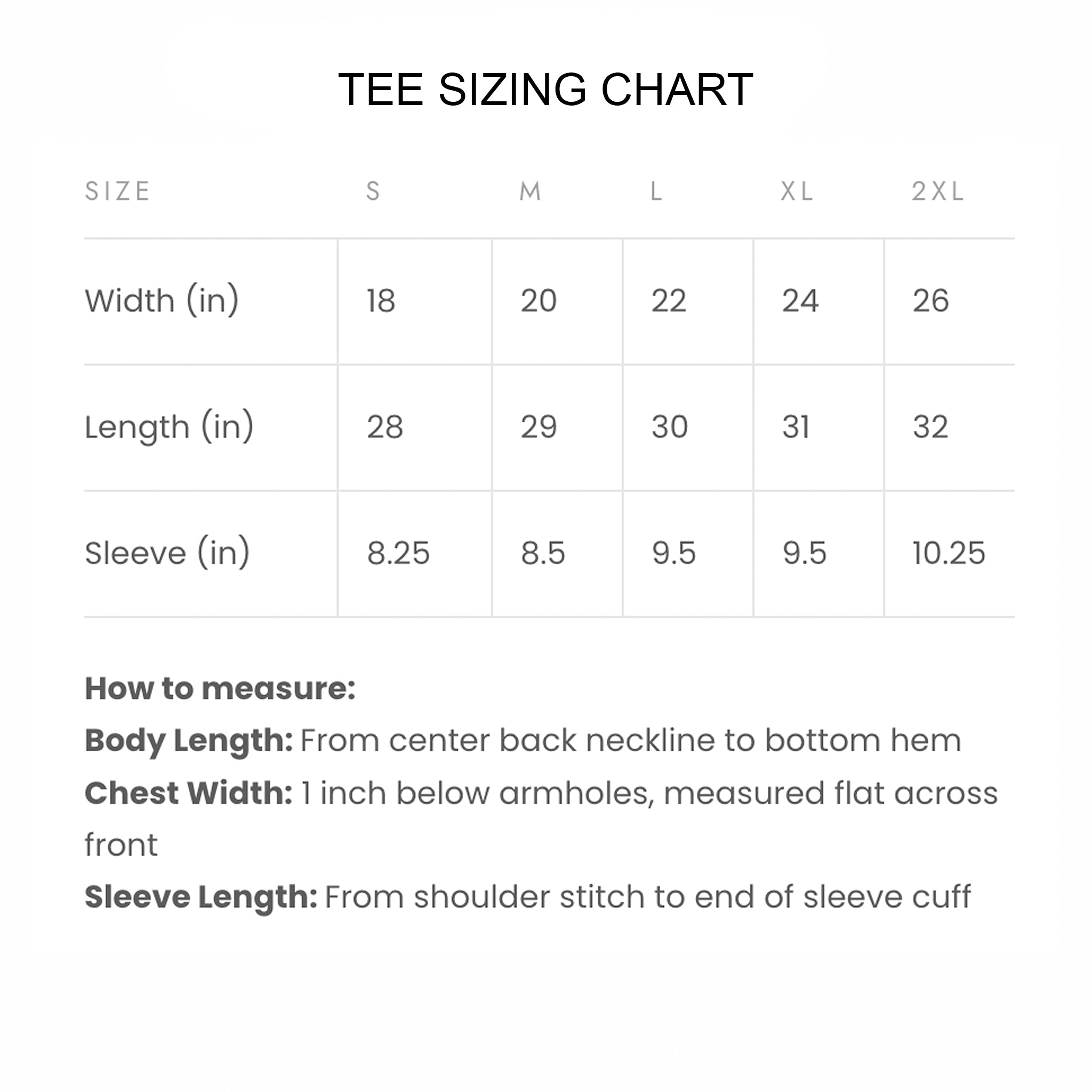 Sizing chart for t-shirts with measurements in inches.